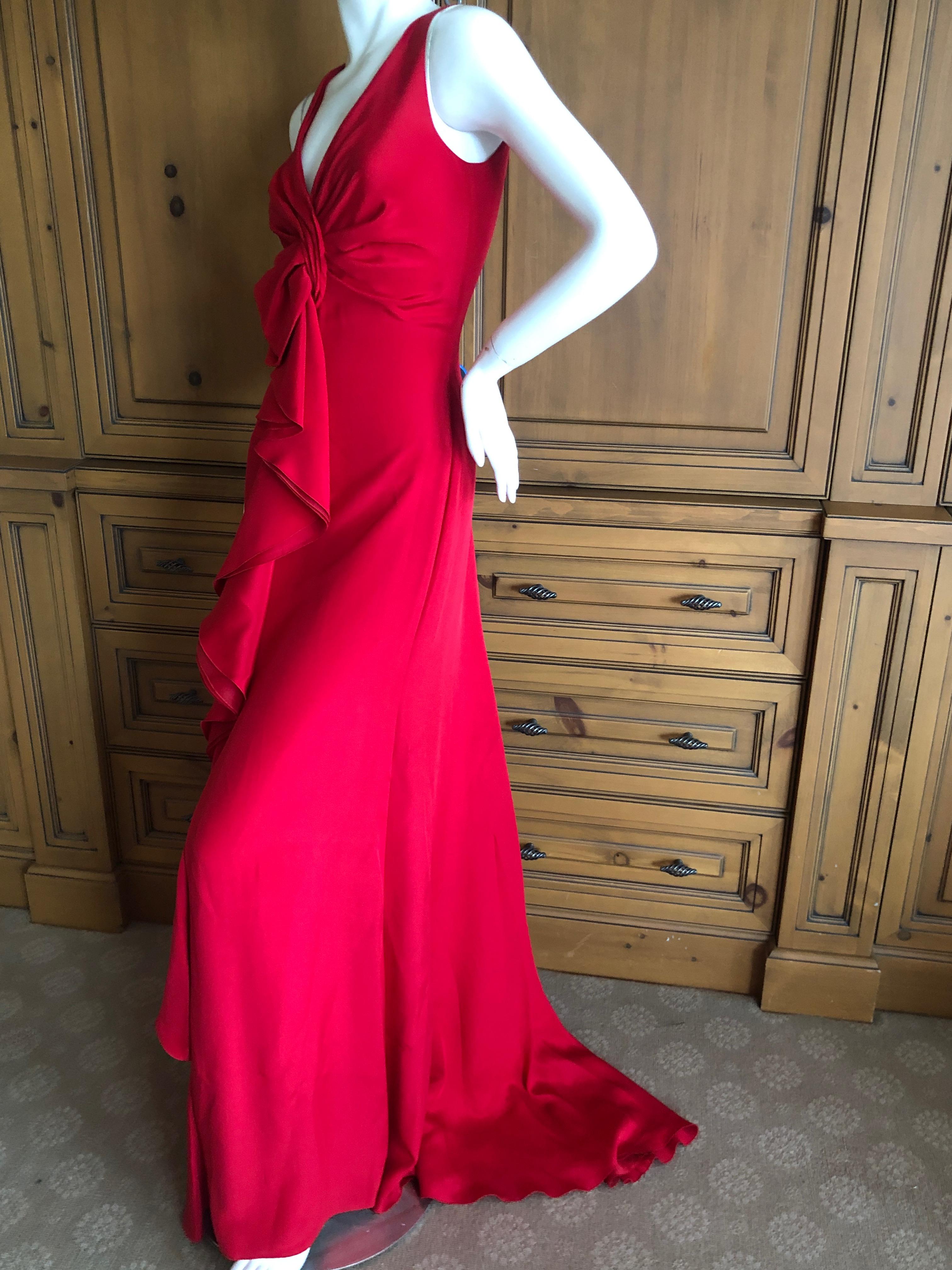 Valentino Vintage Signature Red Low Cut Silk Chiffon Evening Dress with Train For Sale 1