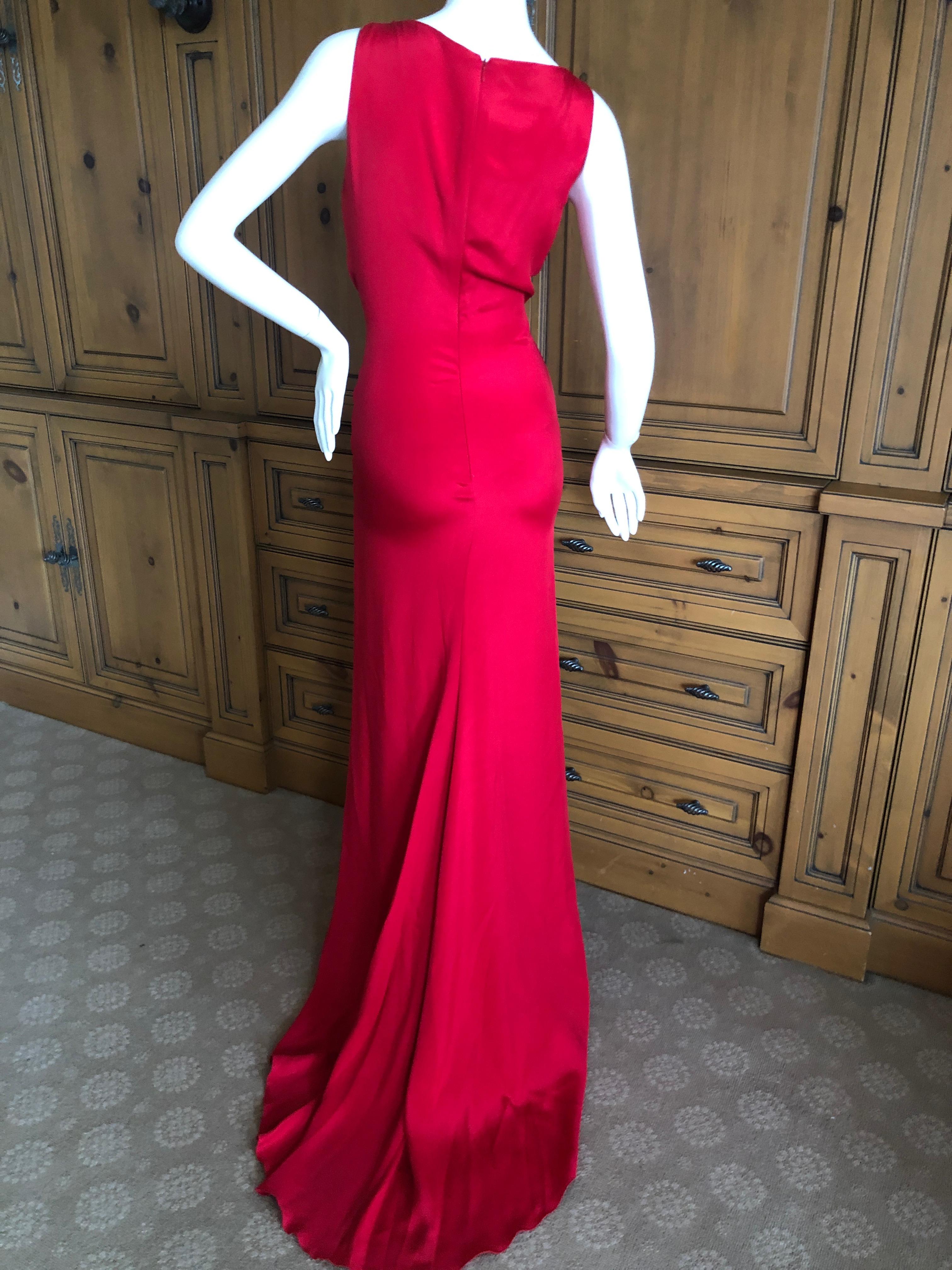 Valentino Vintage Signature Red Low Cut Silk Chiffon Evening Dress with Train For Sale 2