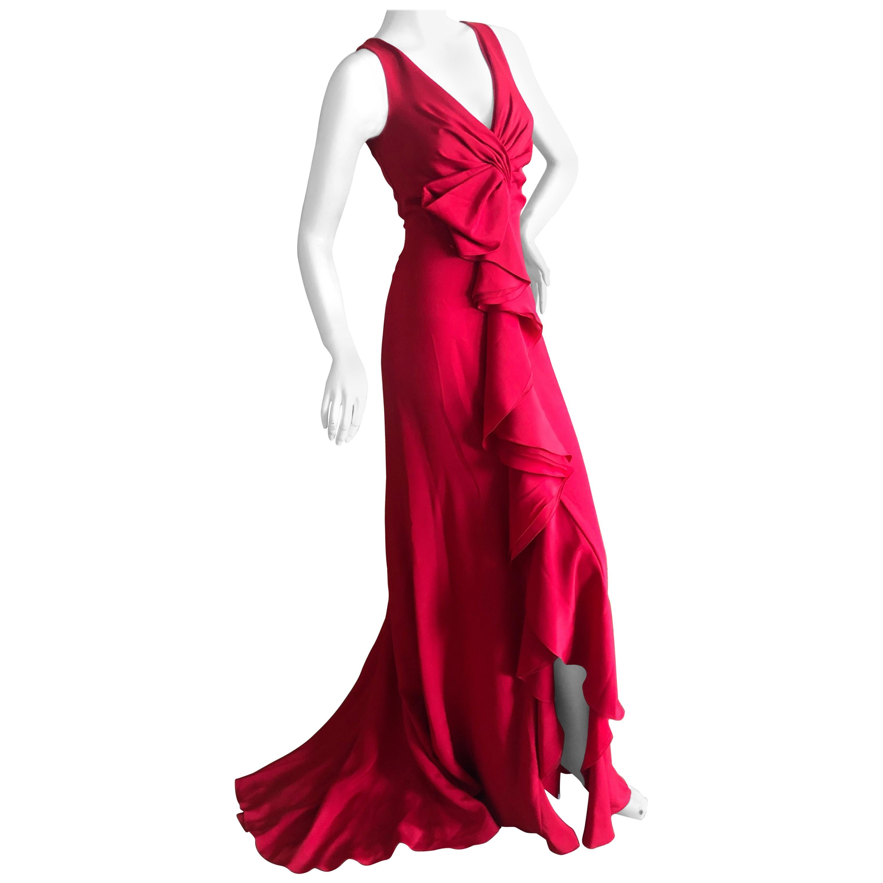 Valentino Vintage Signature Red Low Cut Silk Chiffon Evening Dress with Train For Sale