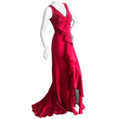 Valentino Vintage Signature Red Low Cut Silk Chiffon Evening Dress with Train