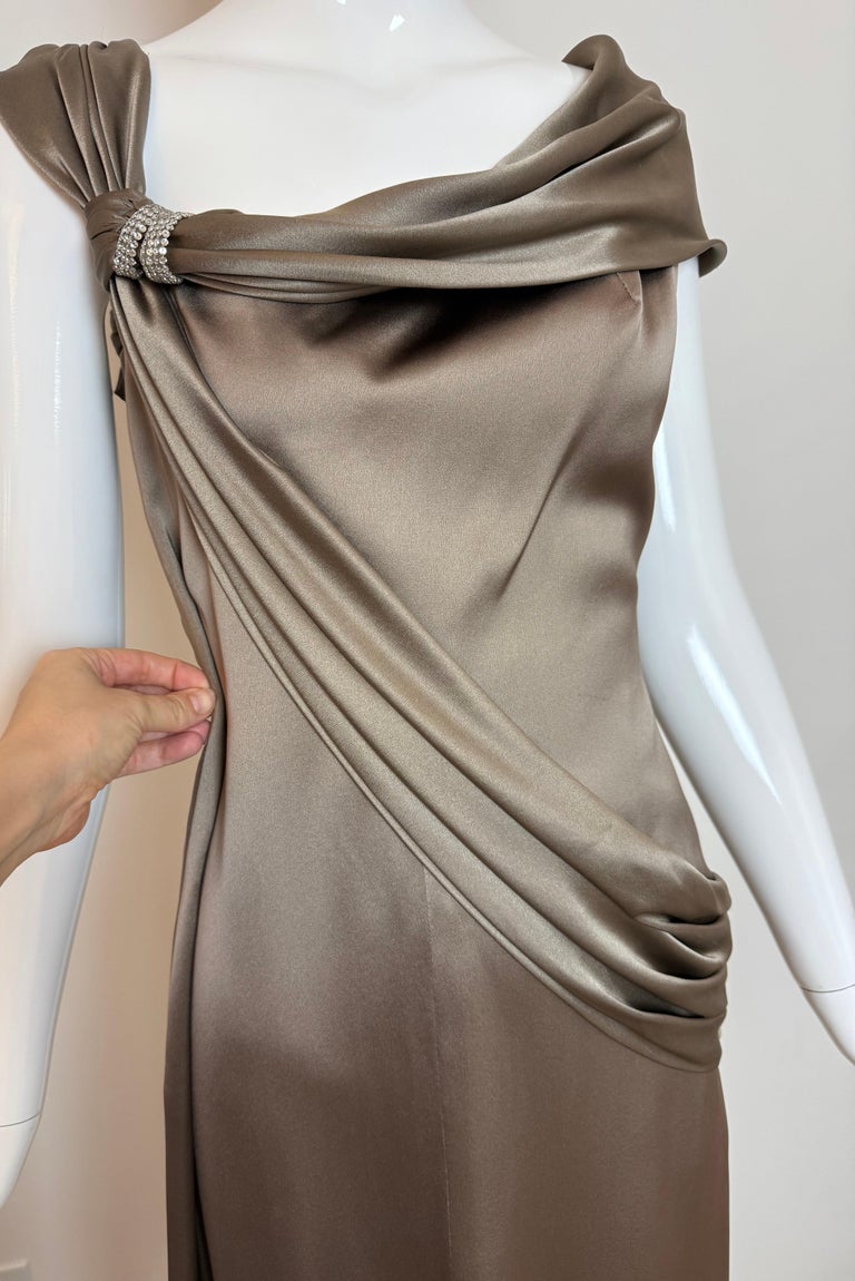 VALENTINO Vintage Silk Crystal Embellished Pewter Evening Gown Maxi Dress  For Sale at 1stDibs