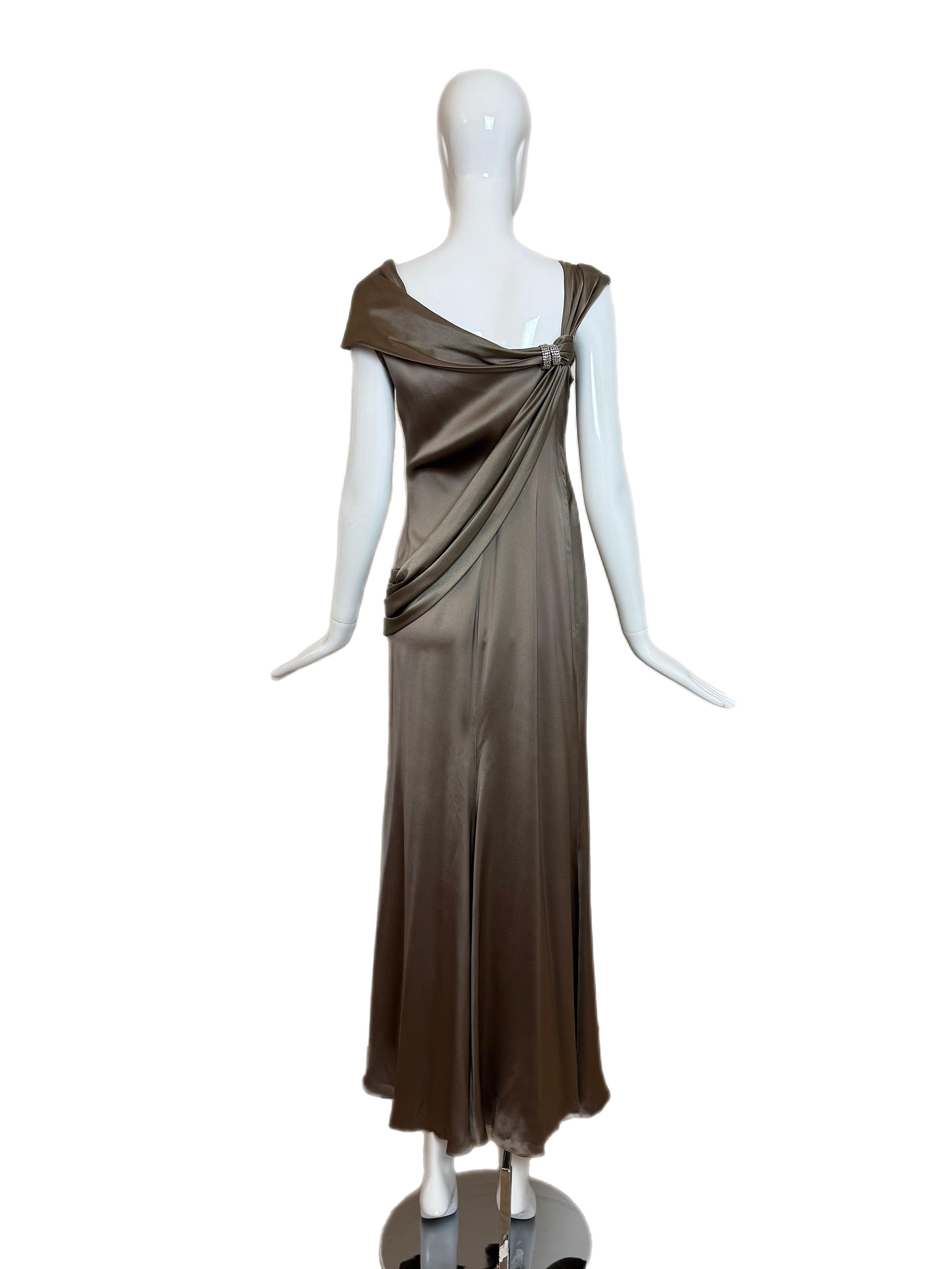 Nero VALENTINO Vintage Silk Crystal Embellished Pewter Evening Gown Maxi Dress in vendita