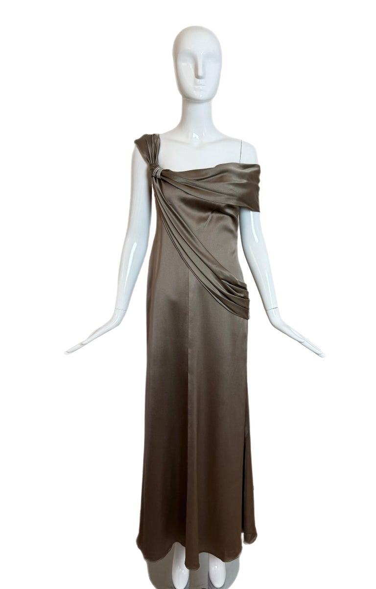 VALENTINO Vintage Silk Crystal Embellished Pewter Evening Gown Maxi Dress  For Sale at 1stDibs