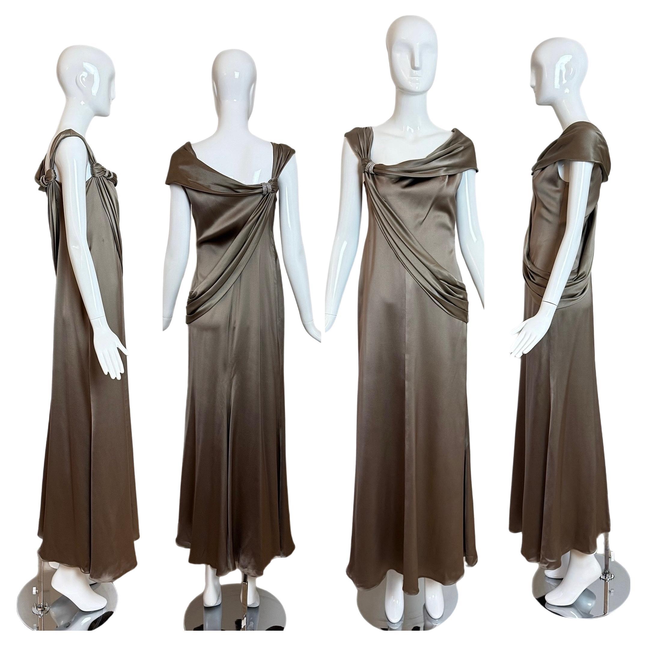 VALENTINO Vintage Silk Crystal Embellished Pewter Evening Gown Maxi Dress