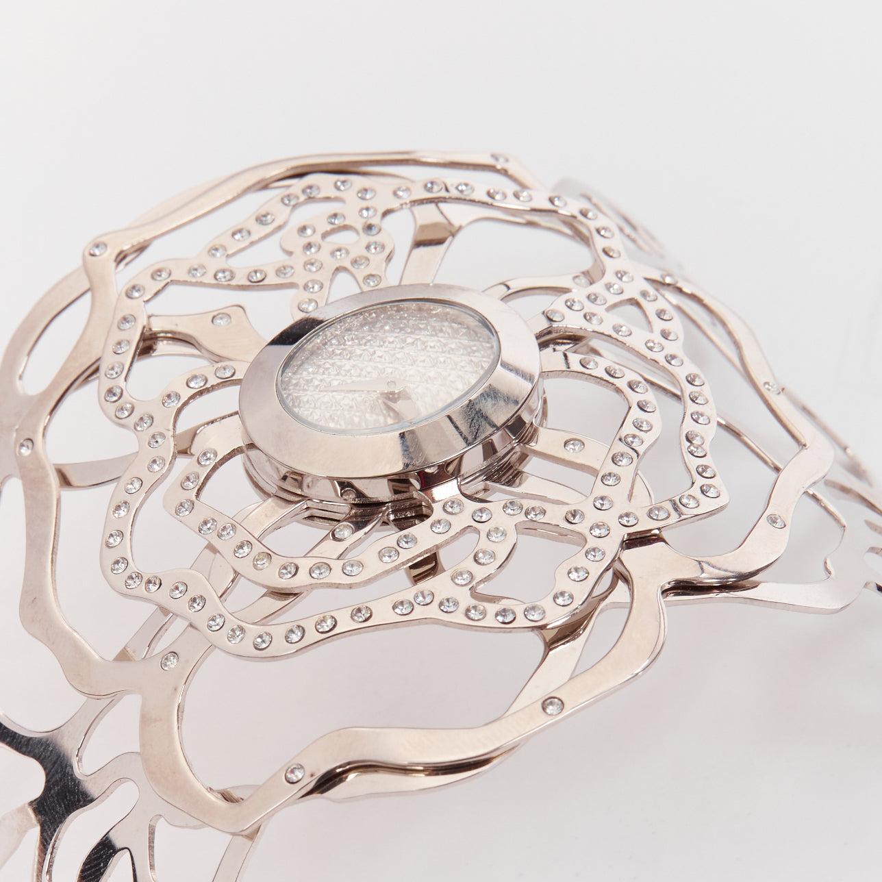 Beige VALENTINO Vintage silver crystal flower stainless steel bracelet watch For Sale