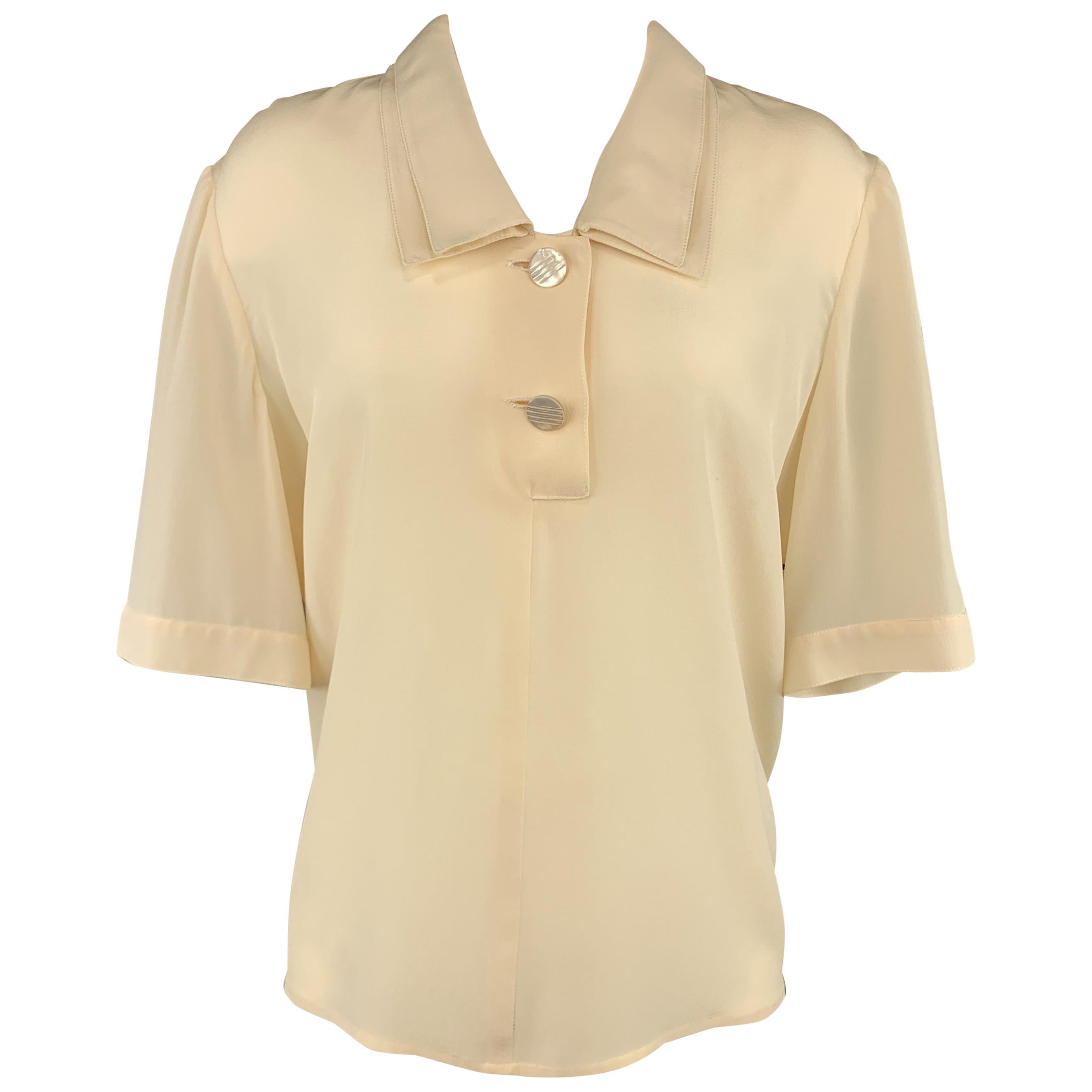VALENTINO Vintage Size L Cream Silk Double Collar Short Sleeve Blouse