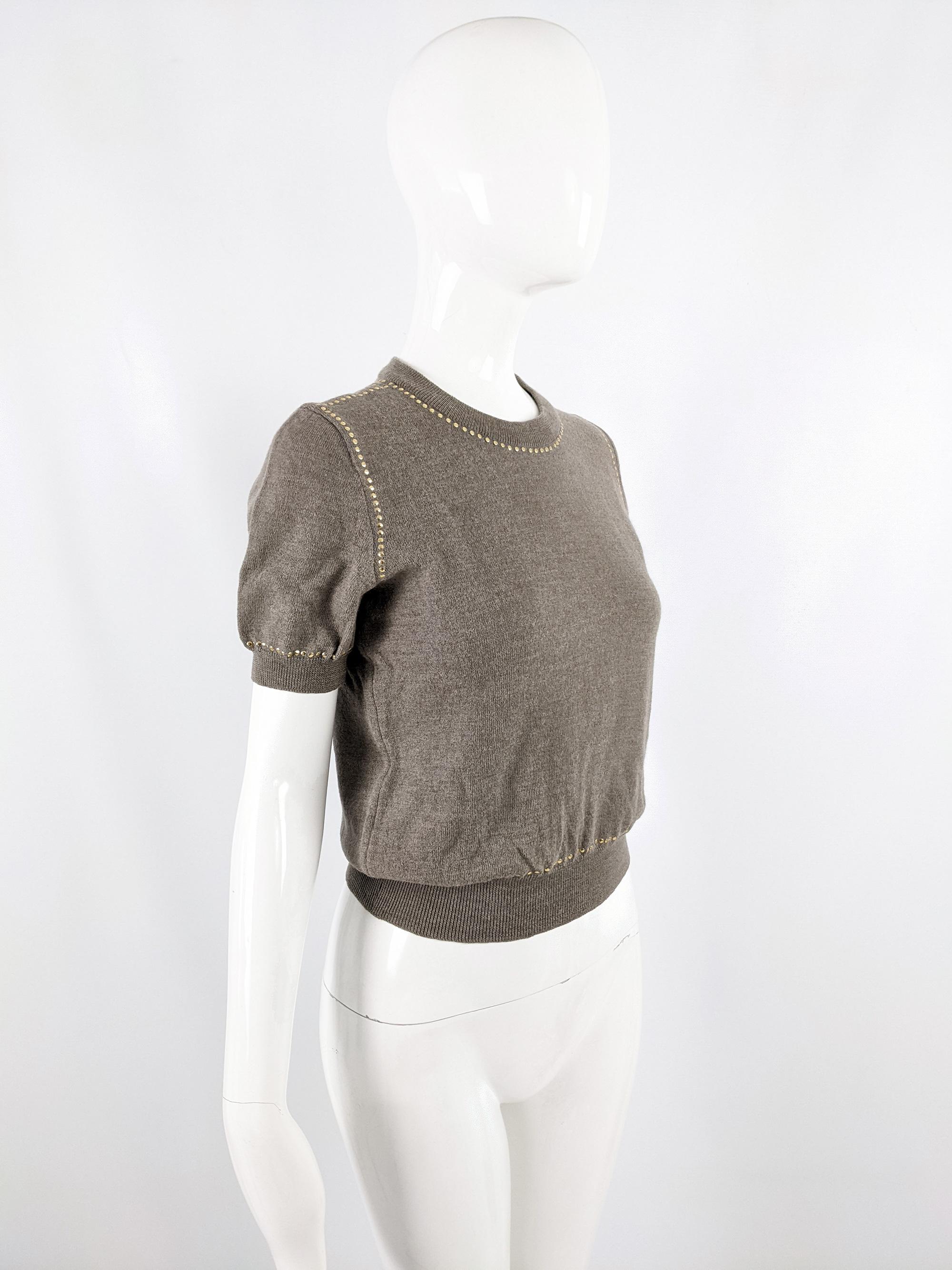 Gray Valentino Vintage Taupe Wool Studded Puff Sleeve Knitwear Sweater Jumper, 1980s For Sale