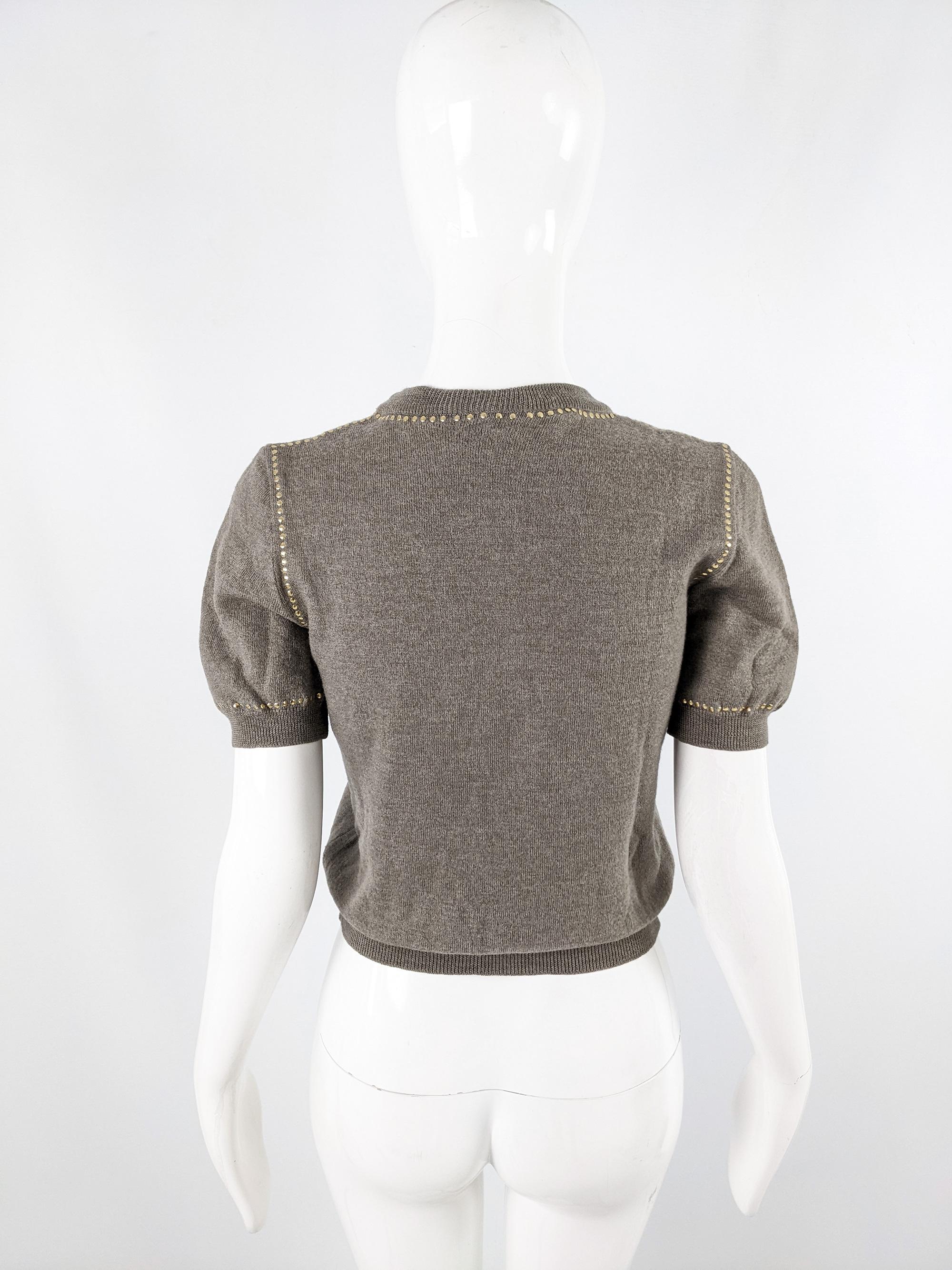 Valentino Vintage Taupe Wool Studded Puff Sleeve Knitwear Sweater
