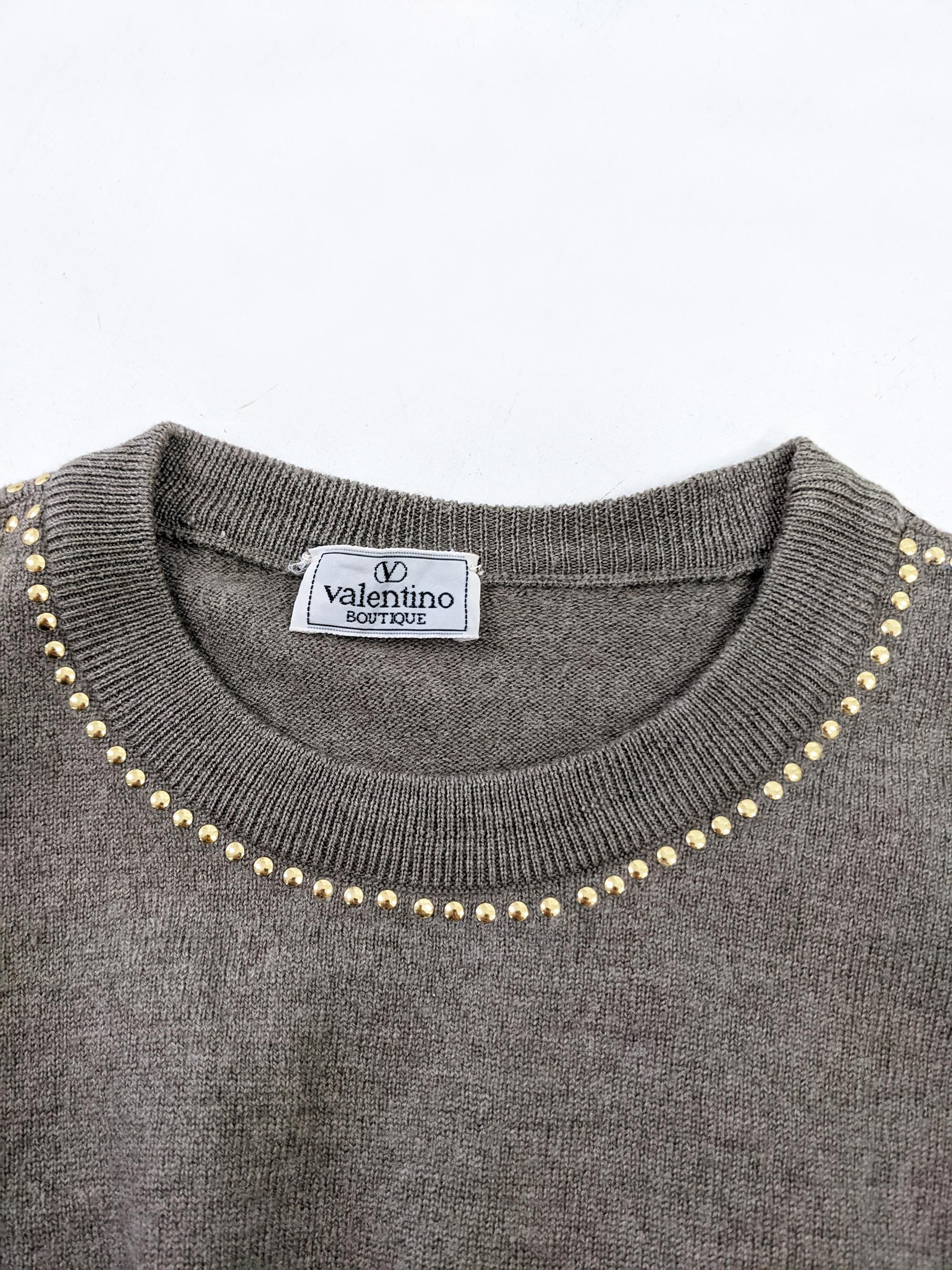 Women's Valentino Vintage Taupe Wool Studded Puff Sleeve Knitwear Sweater Jumper, 1980s For Sale