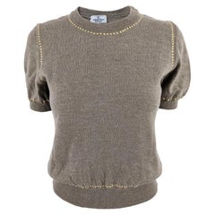 Valentino Vintage Taupe Wool Studded Puff Sleeve Knitwear Sweater Jumper, 1980s