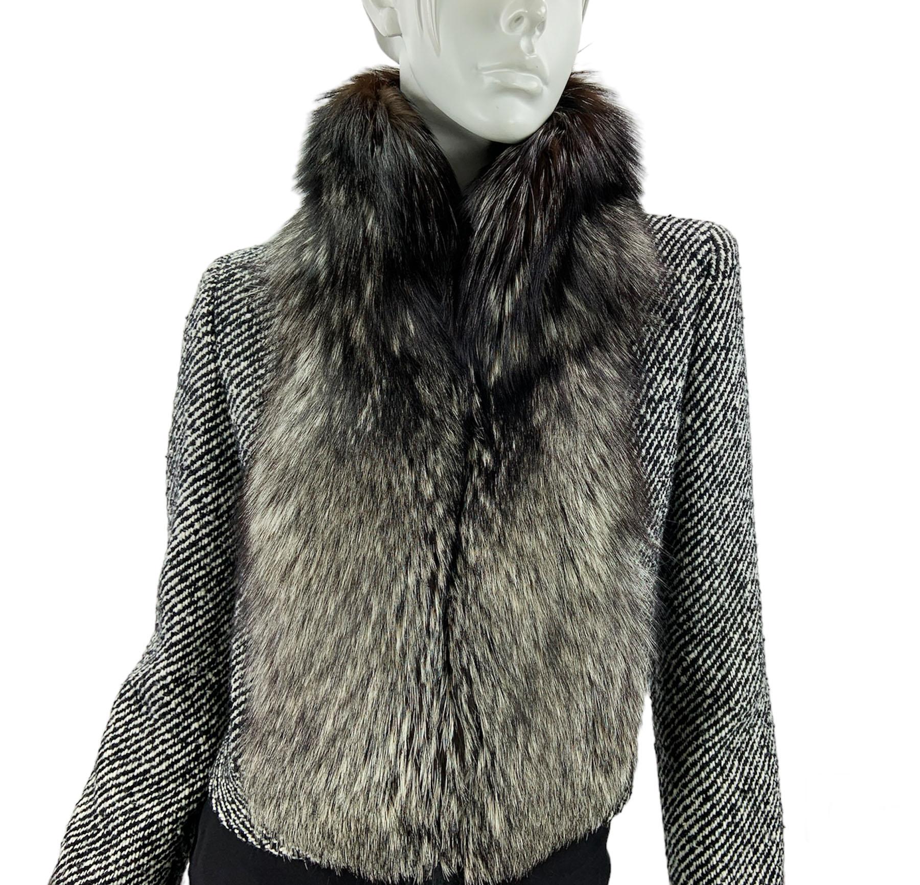 Valentino Vintage Tweed Graue Tweed-Jacke mit Fuchs US Größe 6 Damen im Angebot