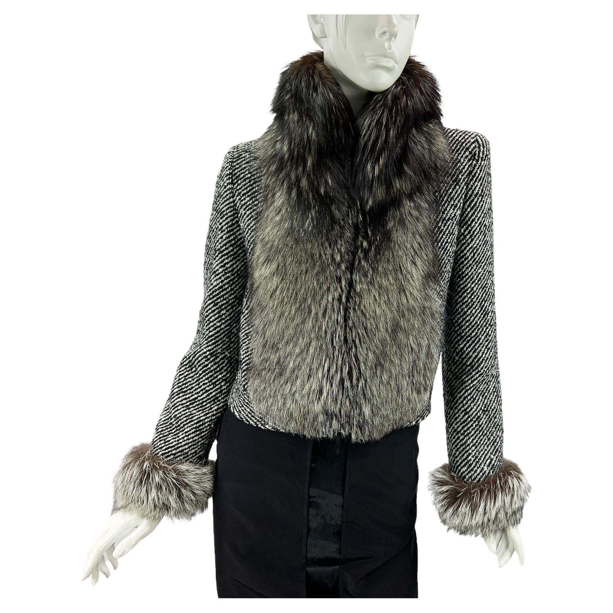 Valentino Vintage Tweed Graue Tweed-Jacke mit Fuchs US Größe 6 im Angebot