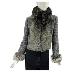 Valentino Vintage Tweed Gray Jacket with Fox US size 6