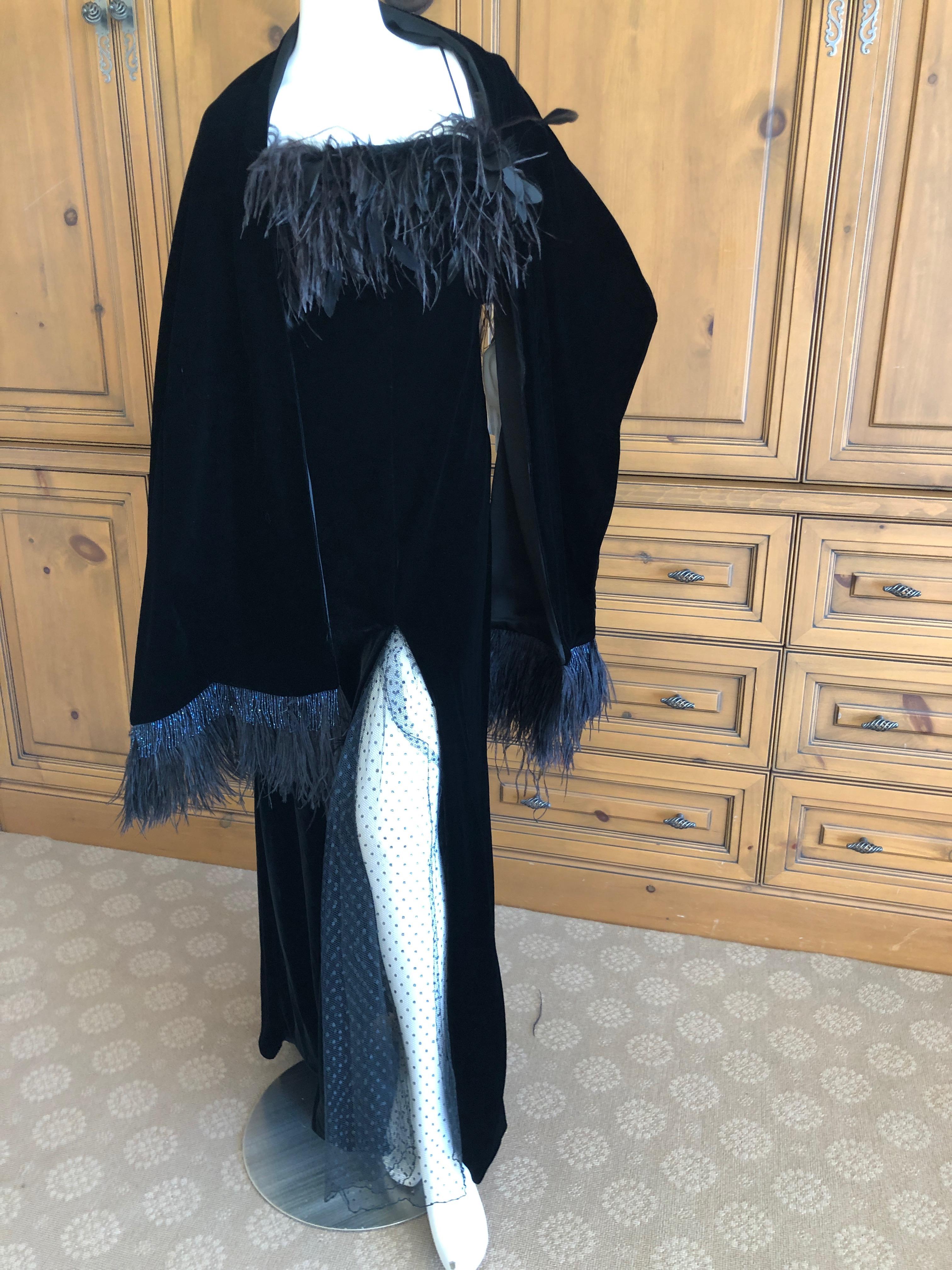 Valentino Vintage Velvet Feather Trimmed Evening Dress w Matching Feather Shawl For Sale 5