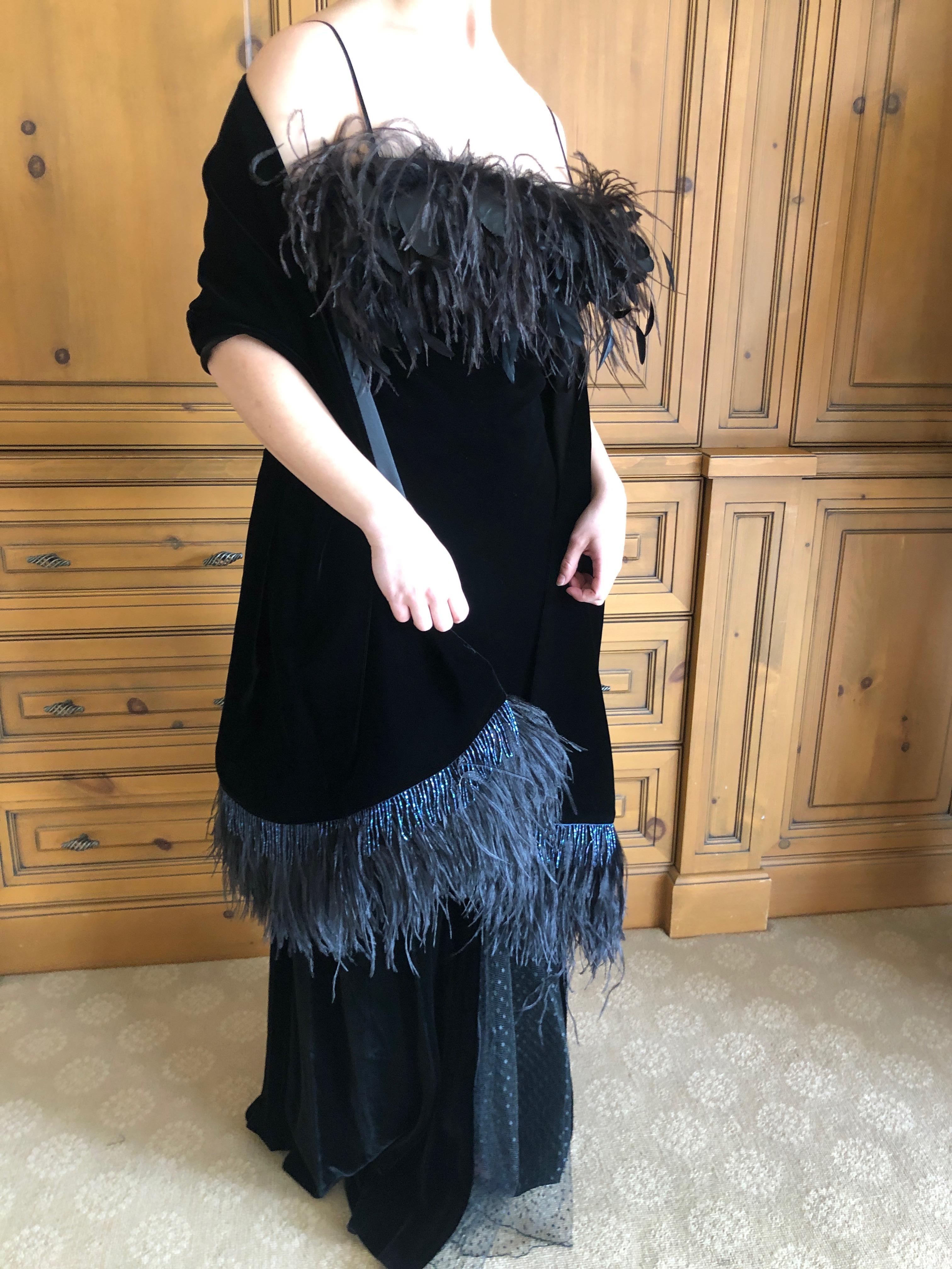 Valentino Vintage Velvet Feather Trimmed Evening Dress w Matching Feather Shawl For Sale 7