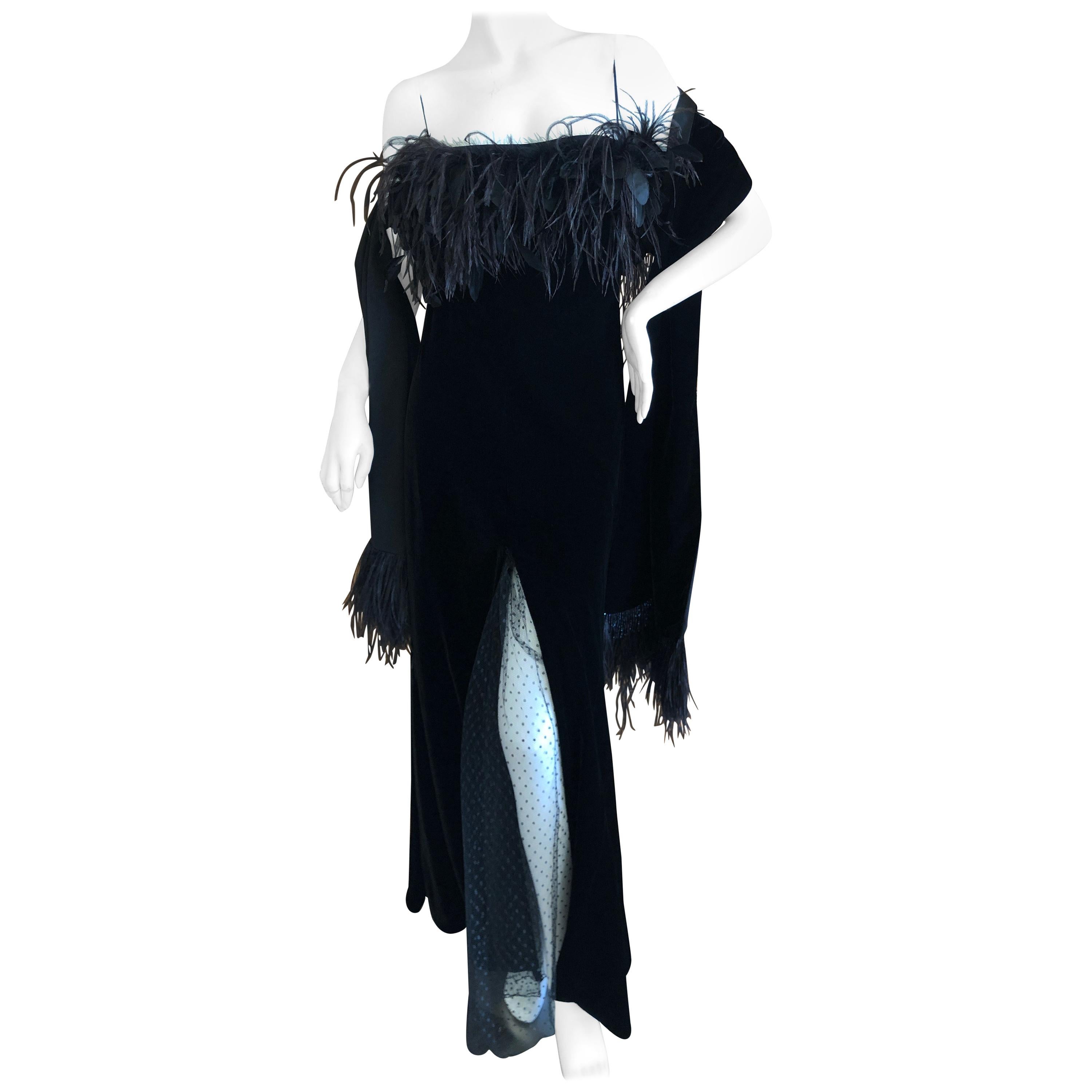 Valentino Vintage Velvet Feather Trimmed Evening Dress w Matching Feather Shawl For Sale