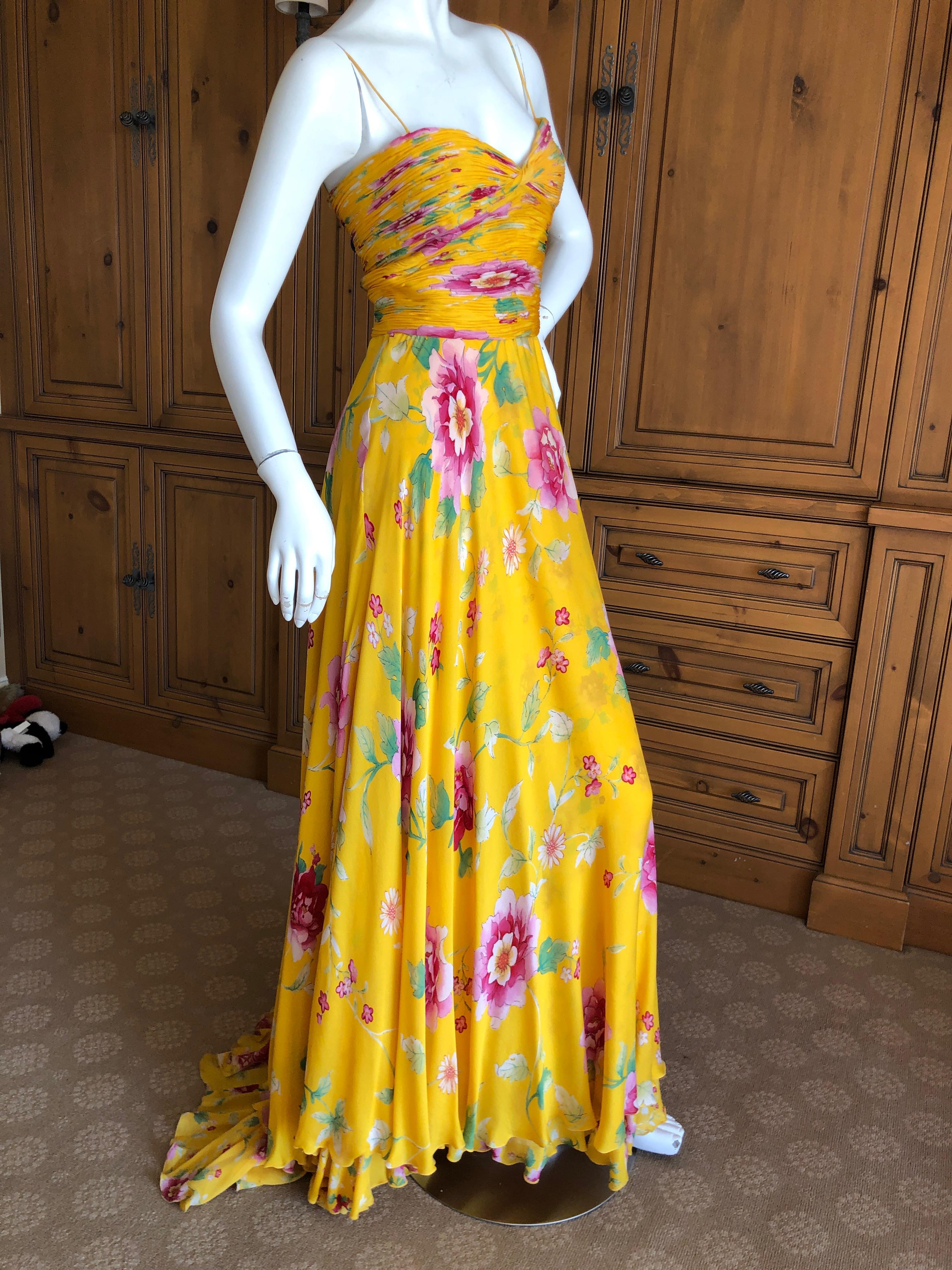 Valentino Vintage Yellow Silk Floral Evening Gown with Train In Excellent Condition For Sale In Cloverdale, CA
