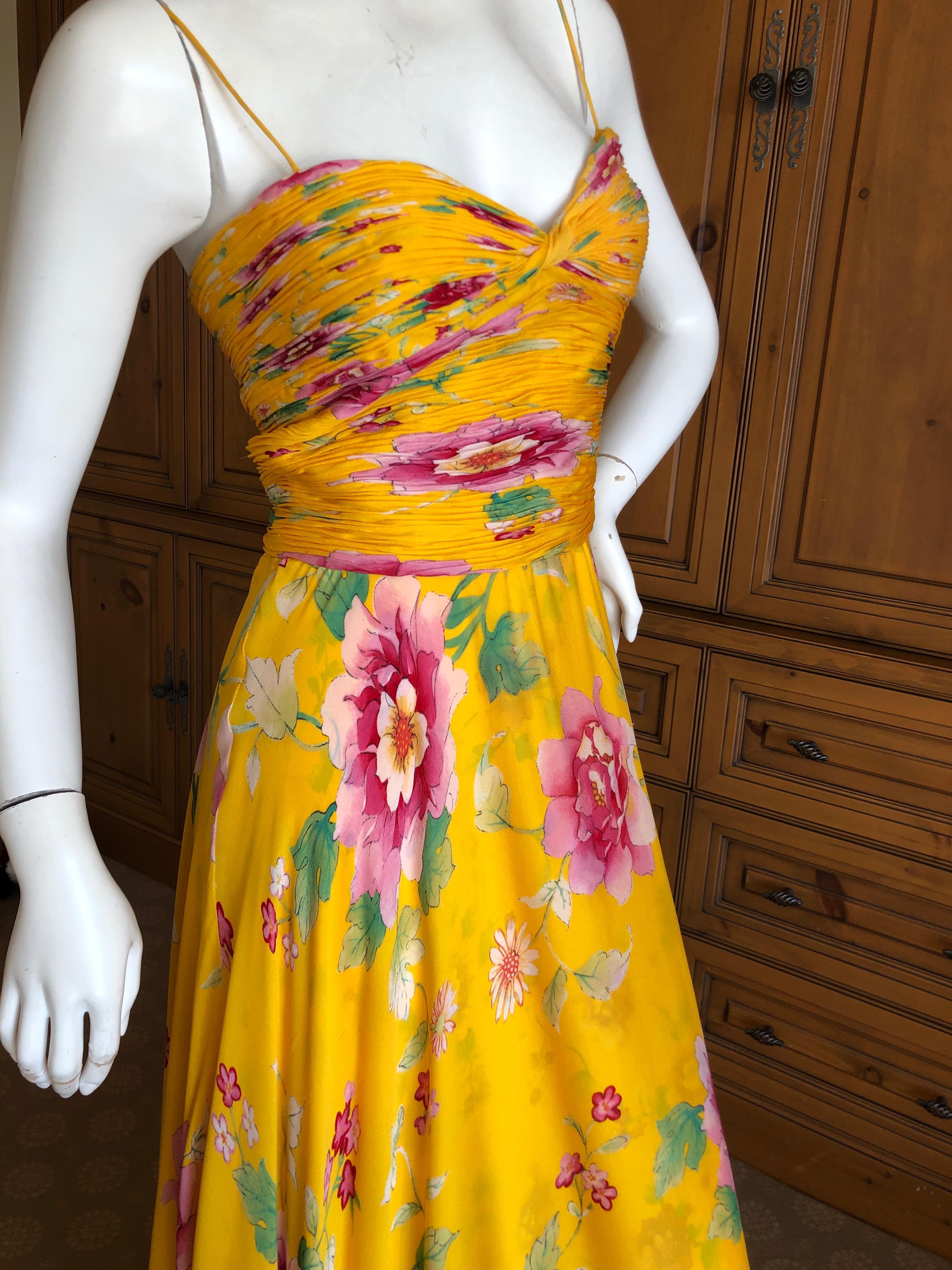 Women's Valentino Vintage Yellow Silk Floral Evening Gown with Train For Sale