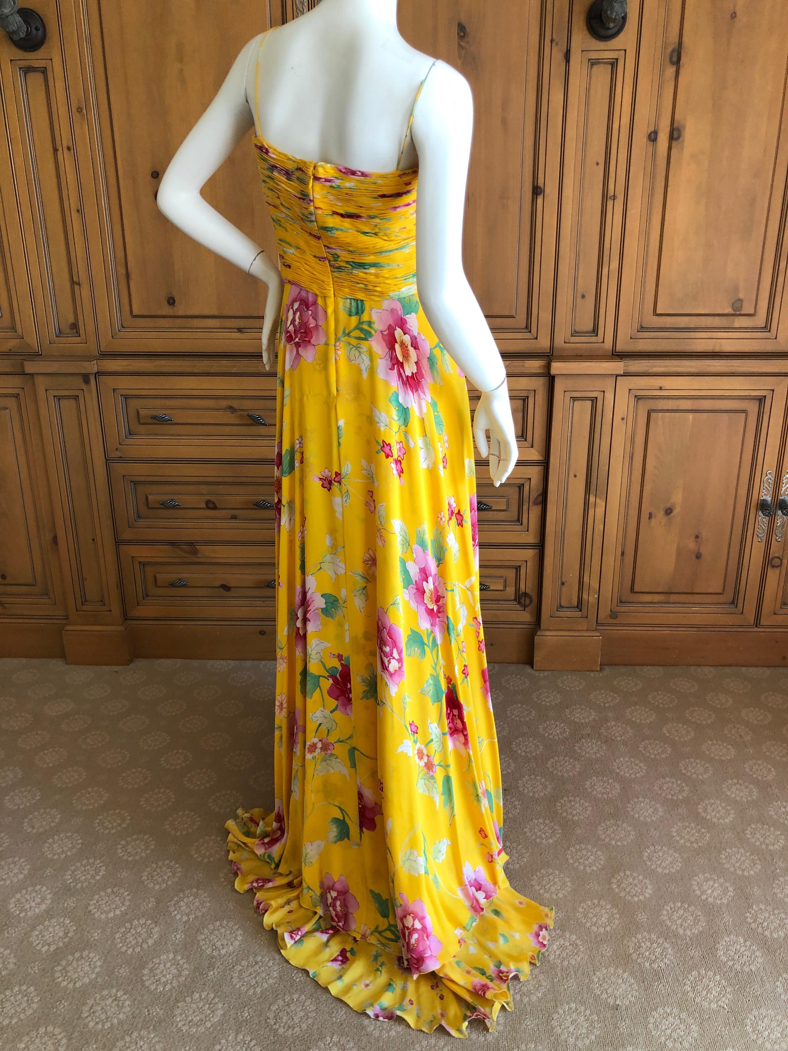 Valentino Vintage Yellow Silk Floral Evening Gown with Train For Sale 2