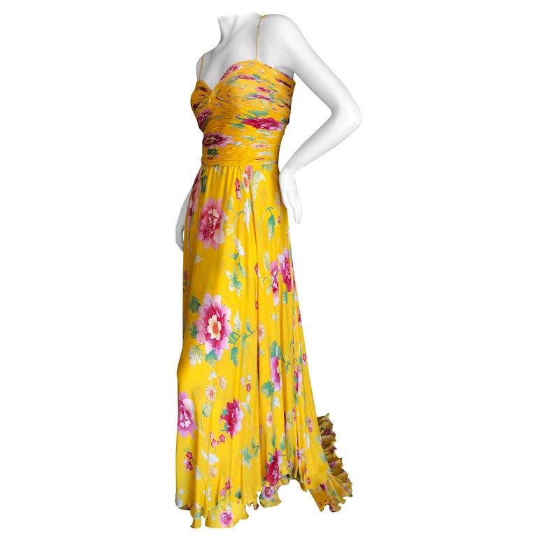 Valentino Vintage Yellow Silk Floral Evening Gown with Train For Sale ...