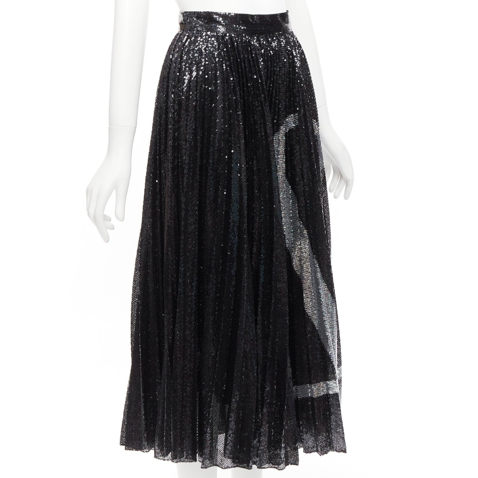 Women's VALENTINO VLOGO black silver sequins embellished pleated plisse midi skirt XS For Sale