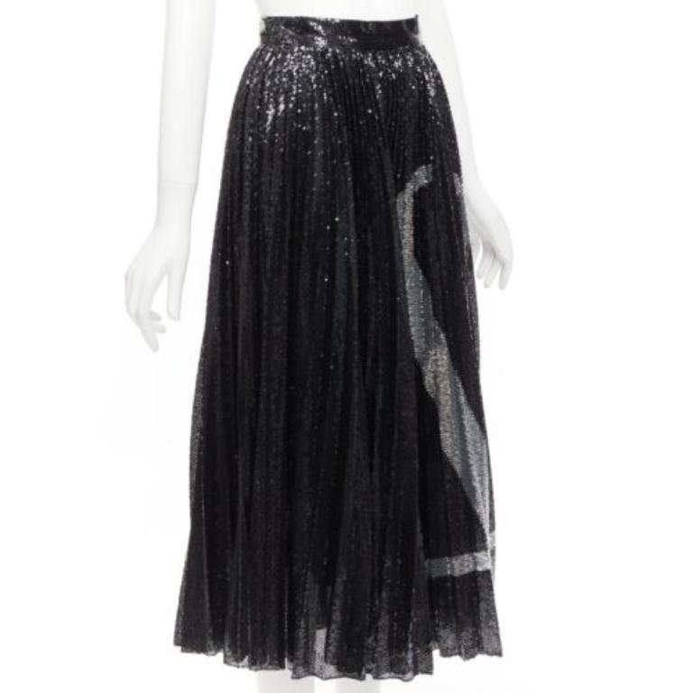 Black VALENTINO VLOGO black silver sequins embellished pleated plisse midi skirt XS For Sale