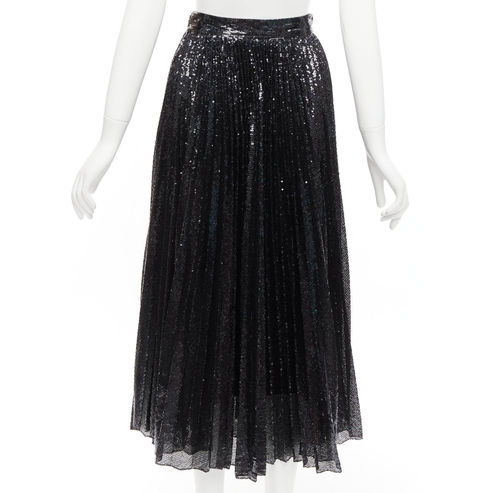 VALENTINO VLOGO black silver sequins embellished pleated plisse midi skirt XS For Sale 2