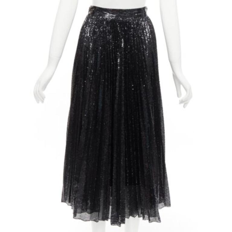 VALENTINO VLOGO black silver sequins embellished pleated plisse midi skirt XS For Sale 1