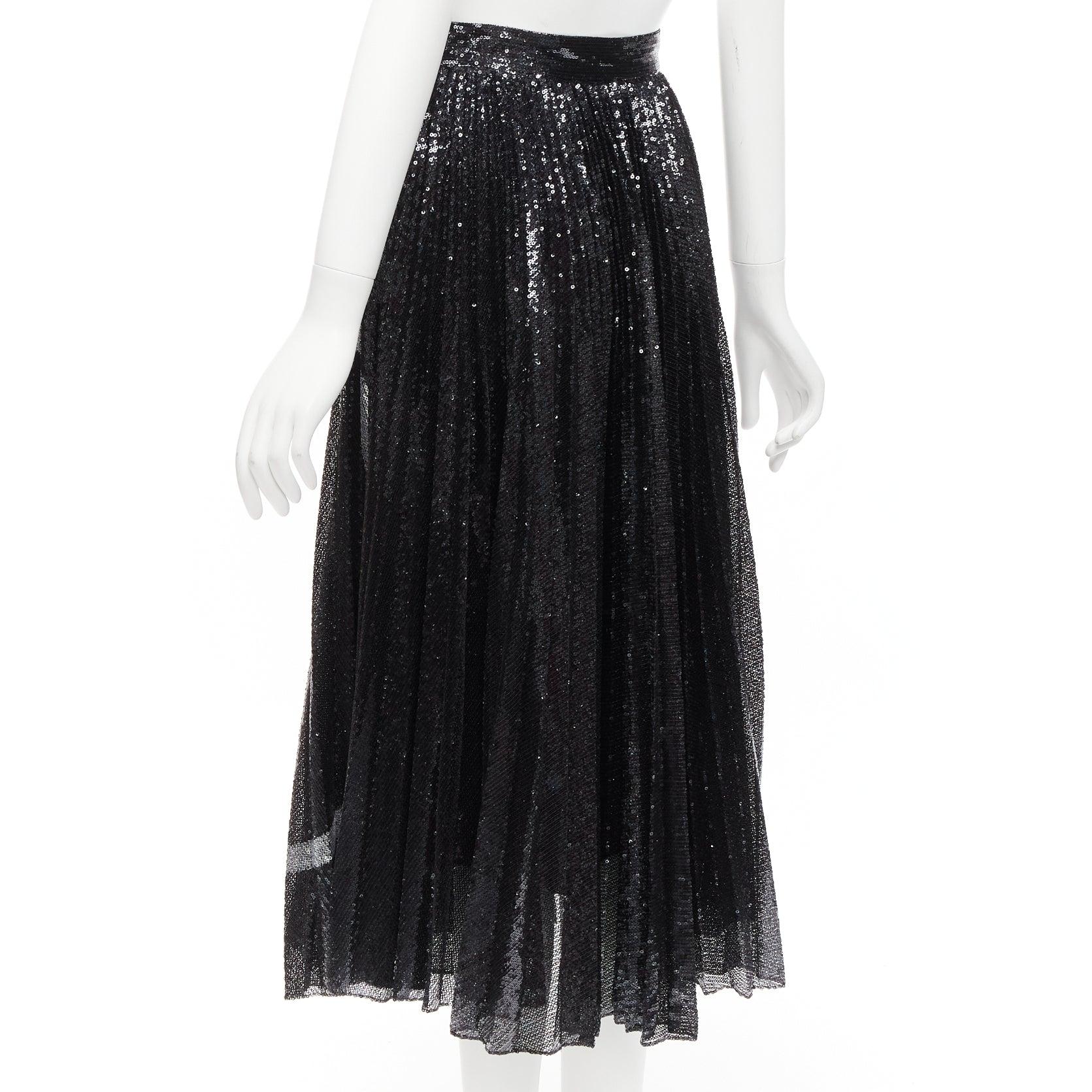 VALENTINO VLOGO black silver sequins embellished pleated plisse midi skirt XS For Sale 3