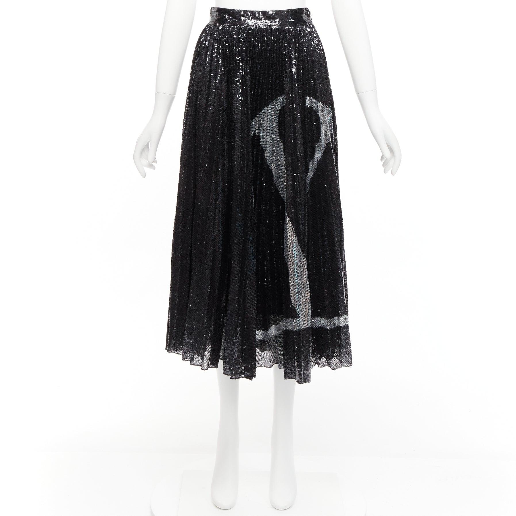 VALENTINO VLOGO black silver sequins embellished pleated plisse midi skirt XS For Sale 6