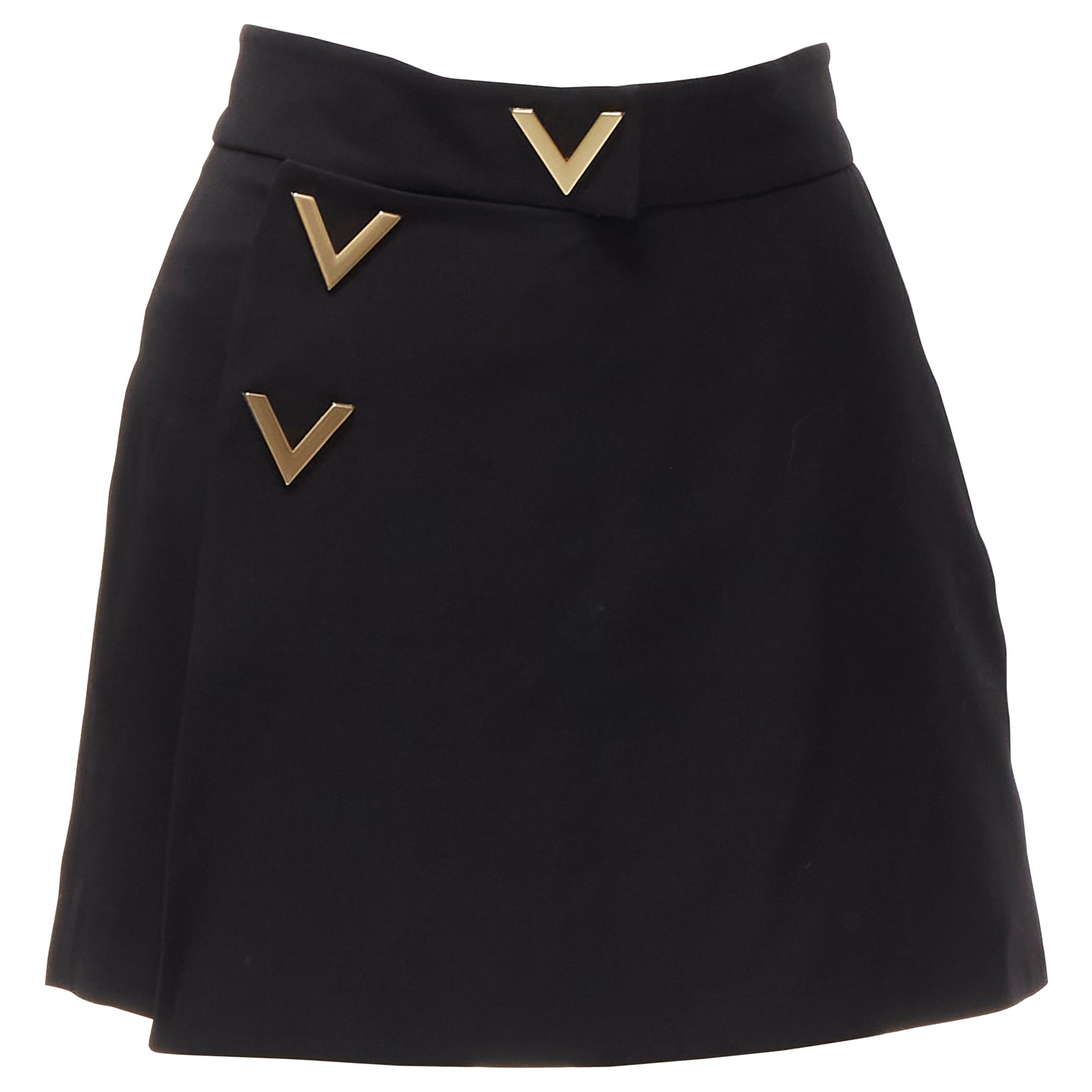 VALENTINO VLOGO gold metal button black wool silk 60
s mini skirt skorts IT38 XS