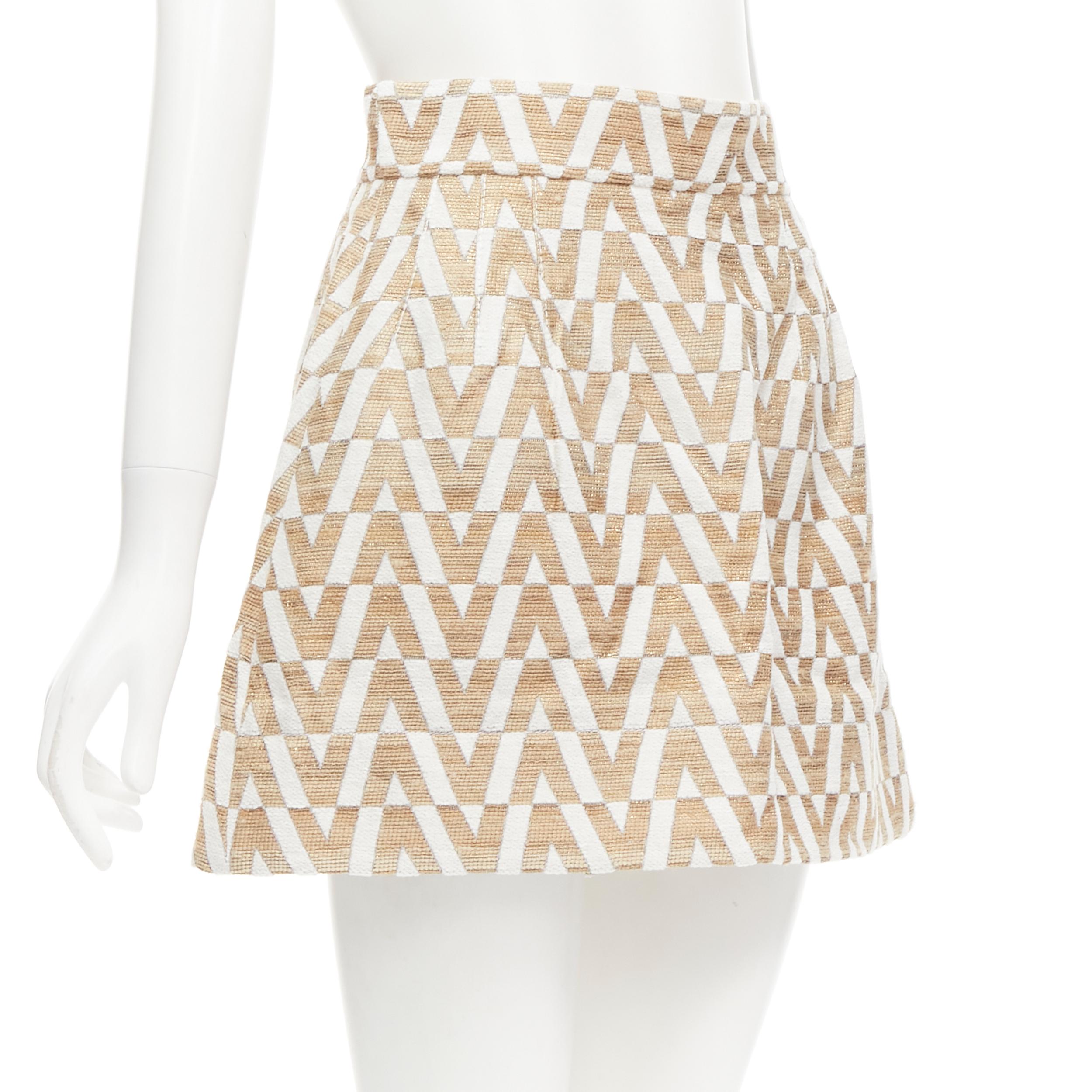 Beige VALENTINO VLOGO gold white monogram jacquard A-line mini skirt skorts IT38 XS