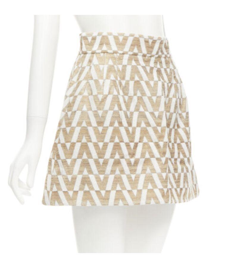Beige VALENTINO VLOGO gold white monogram jacquard A-line mini skirt skorts IT38 XS For Sale