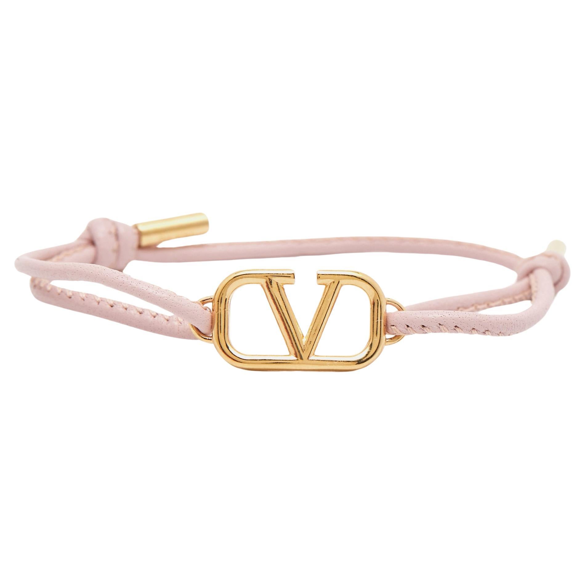 Valentino VLogo Leather Gold Tone Bracelet For Sale