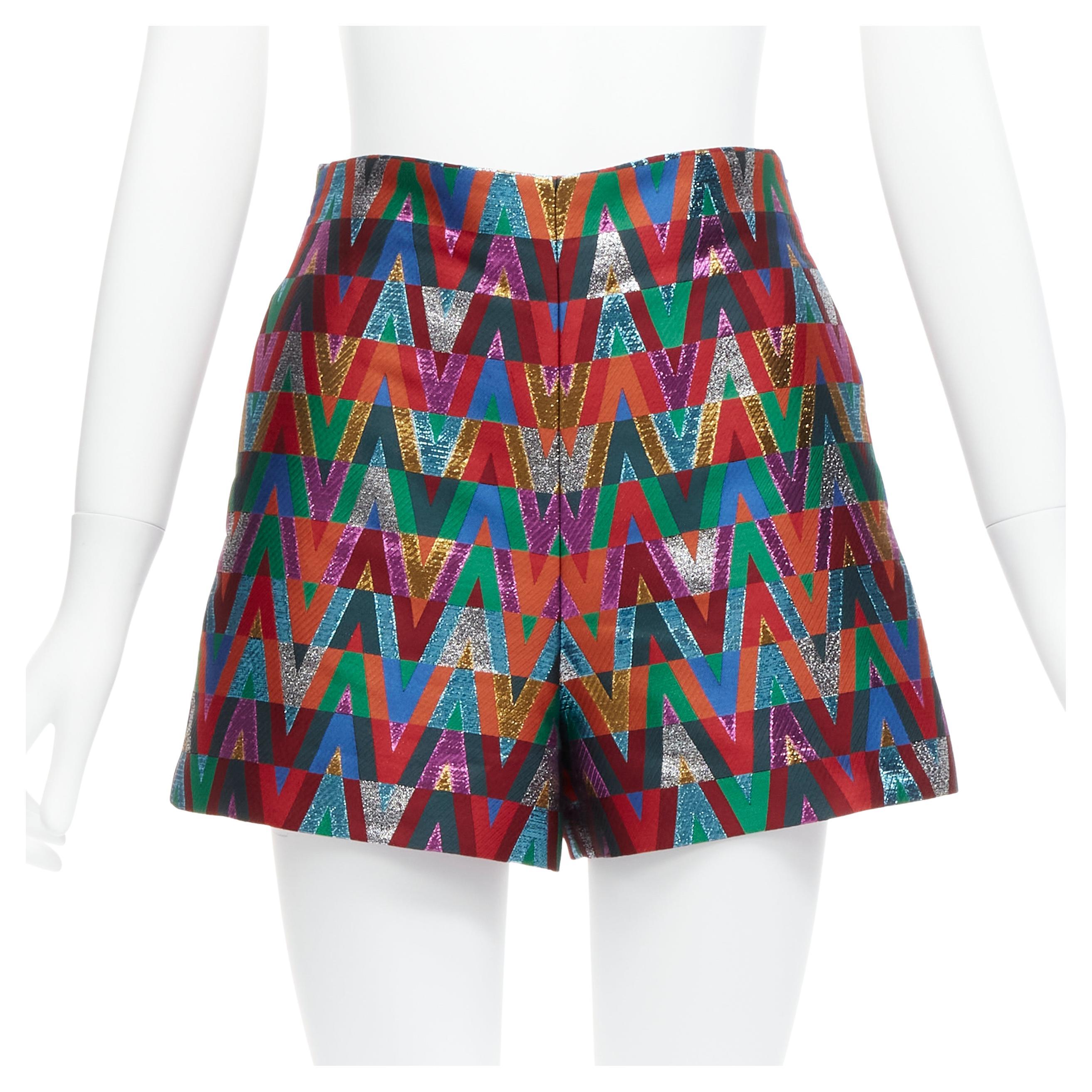 VALENTINO VLOGO Optical colorful graphic lurex high waist A-line shorts IT38 
