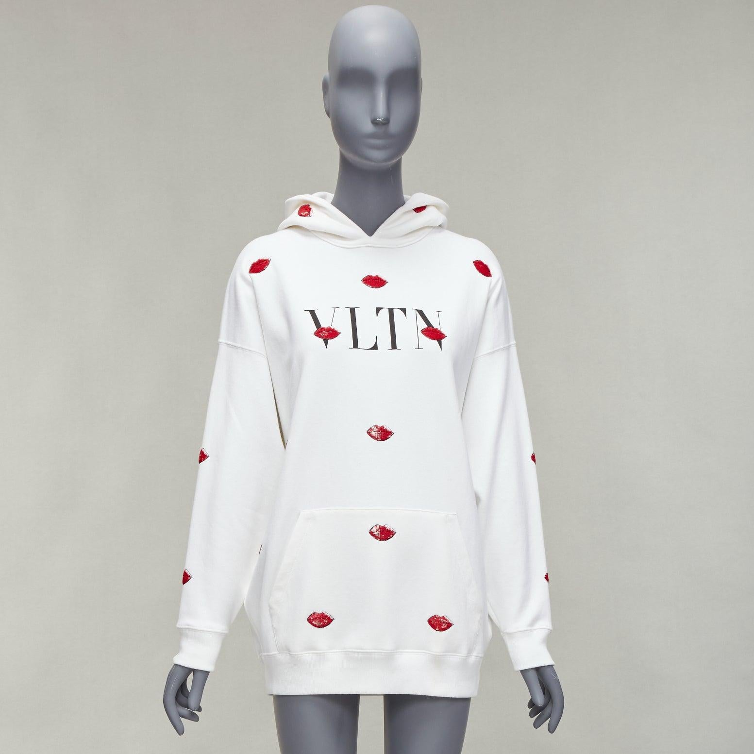 VALENTINO VLTN Le Rouge Kisses red sequin lips embroidery oversized hoodie XXS For Sale 6