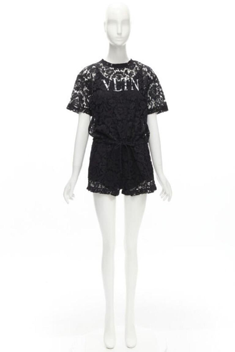 VALENTINO VLTN logo black lace white full floral lace playsuit romper XS For Sale 6