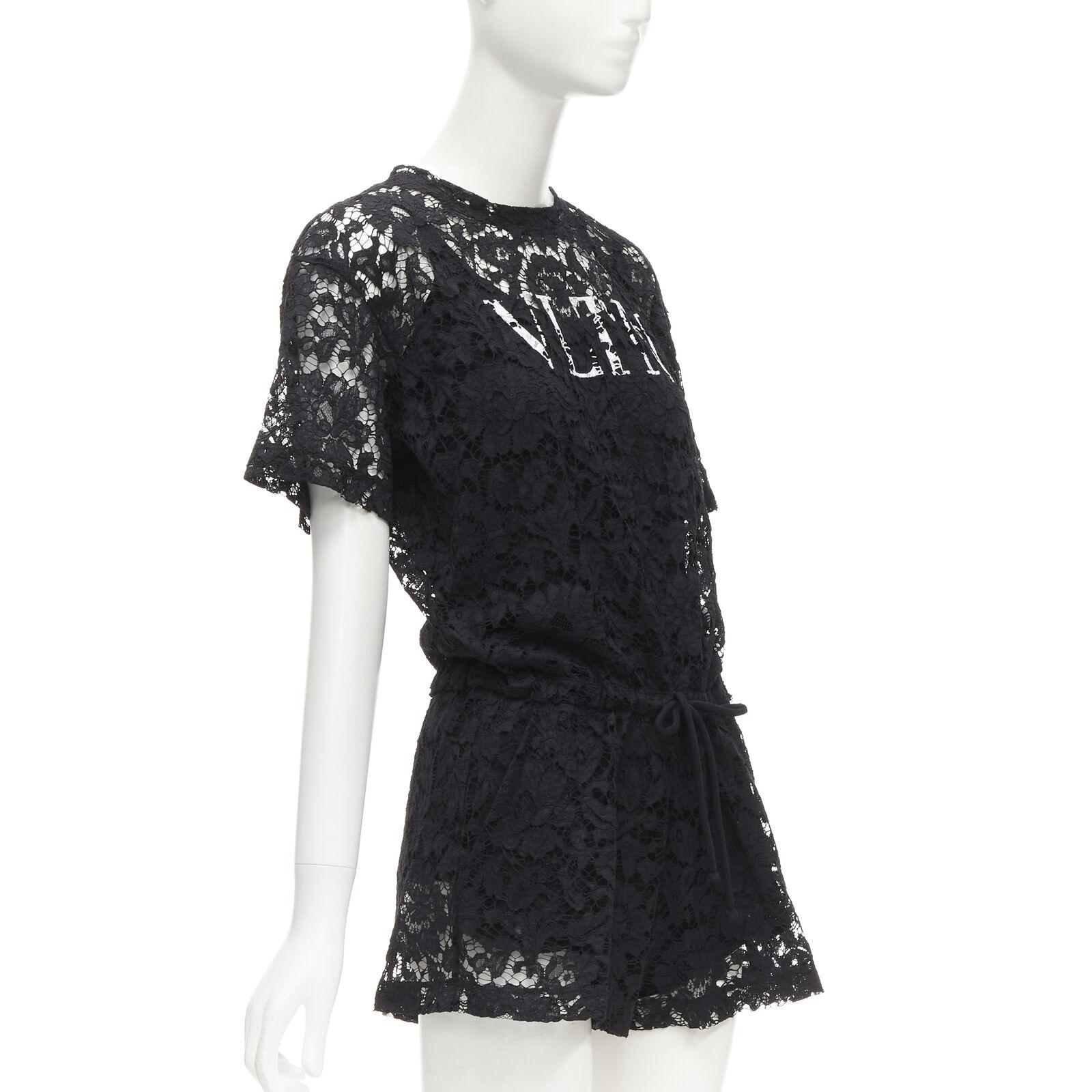 Black VALENTINO VLTN logo black lace white full floral lace playsuit romper XS For Sale