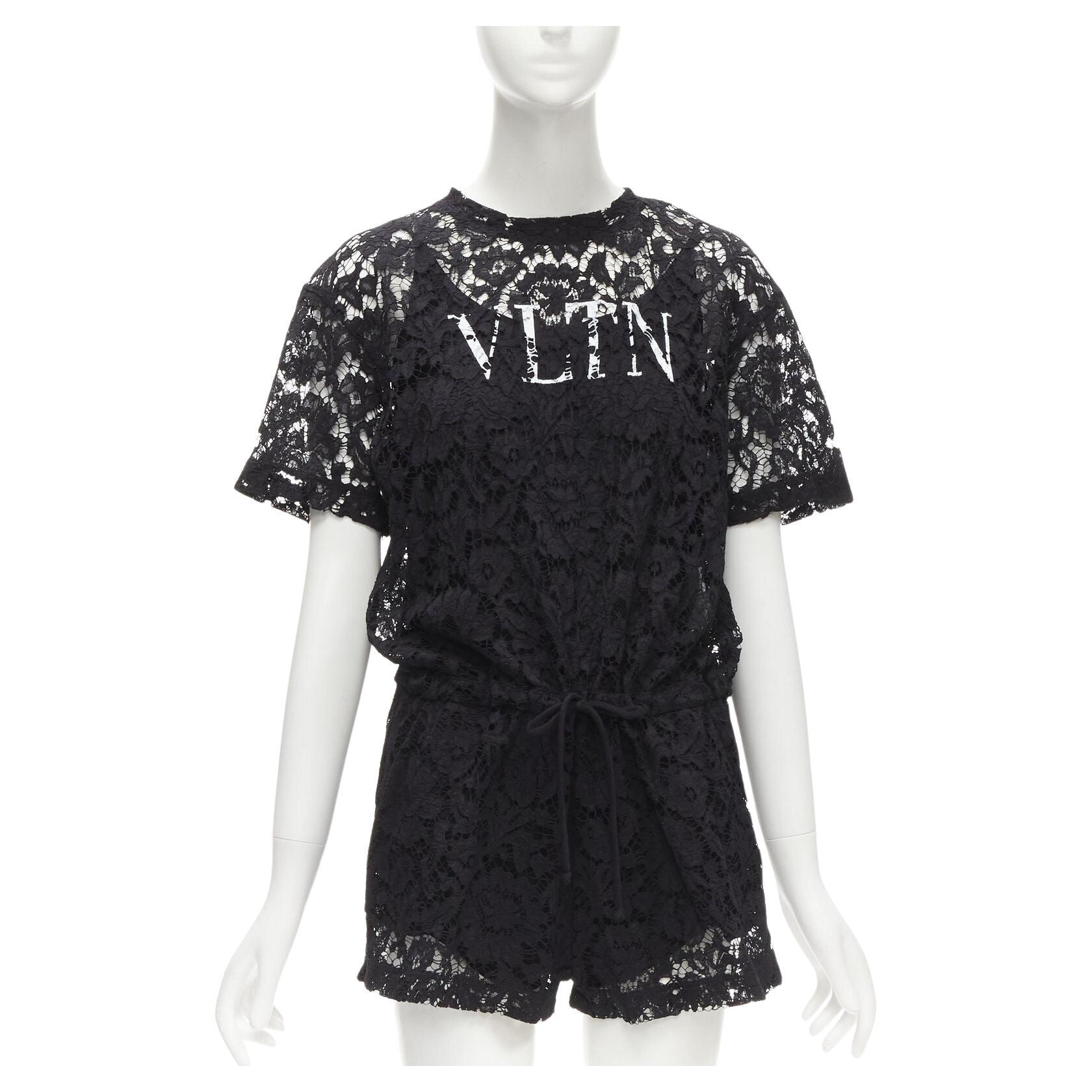 VALENTINO VLTN logo black lace white full floral lace playsuit romper XS For Sale