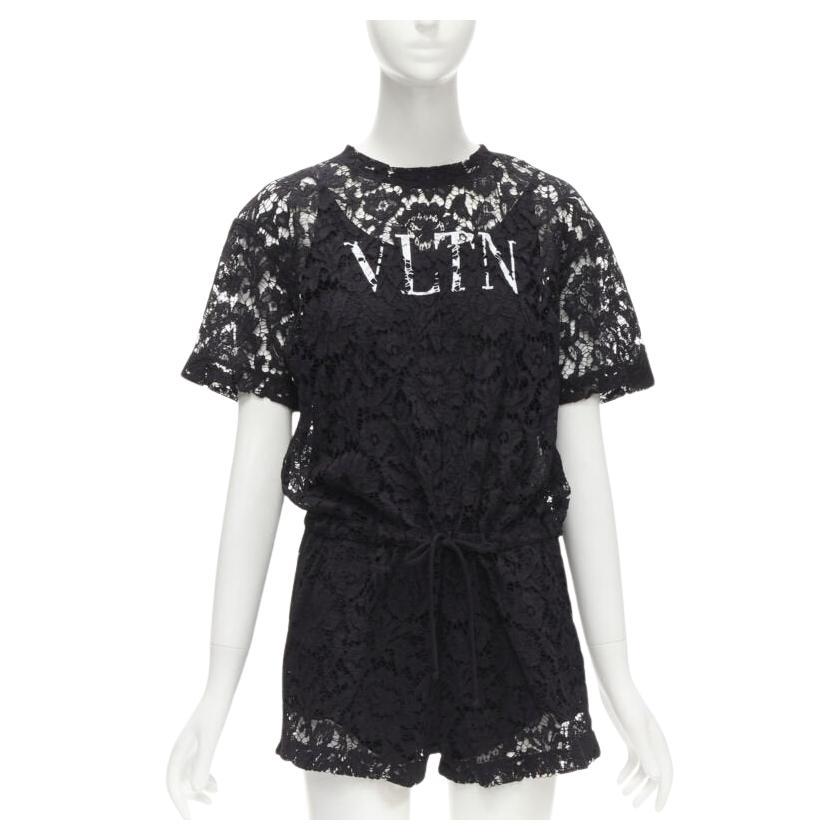VALENTINO VLTN logo black lace white full floral lace playsuit romper XS