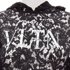 VALENTINO VLTN logo print floral black sheer lace hoodie lace cropped hoodie S