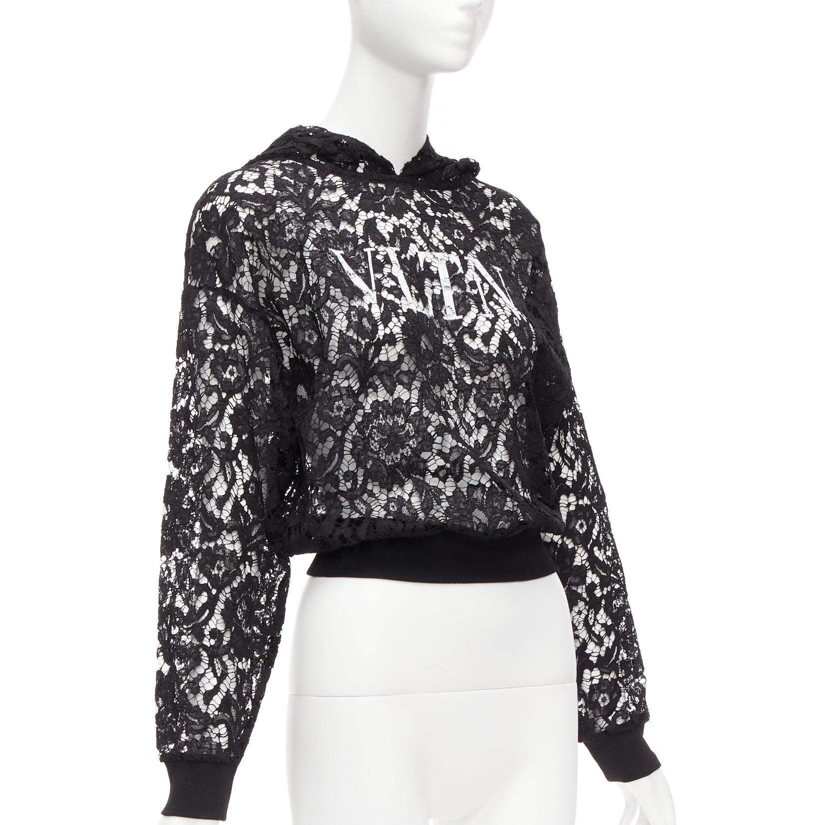 Women's VALENTINO VLTN logo print floral black sheer lace hoodie lace cropped hoodie S For Sale