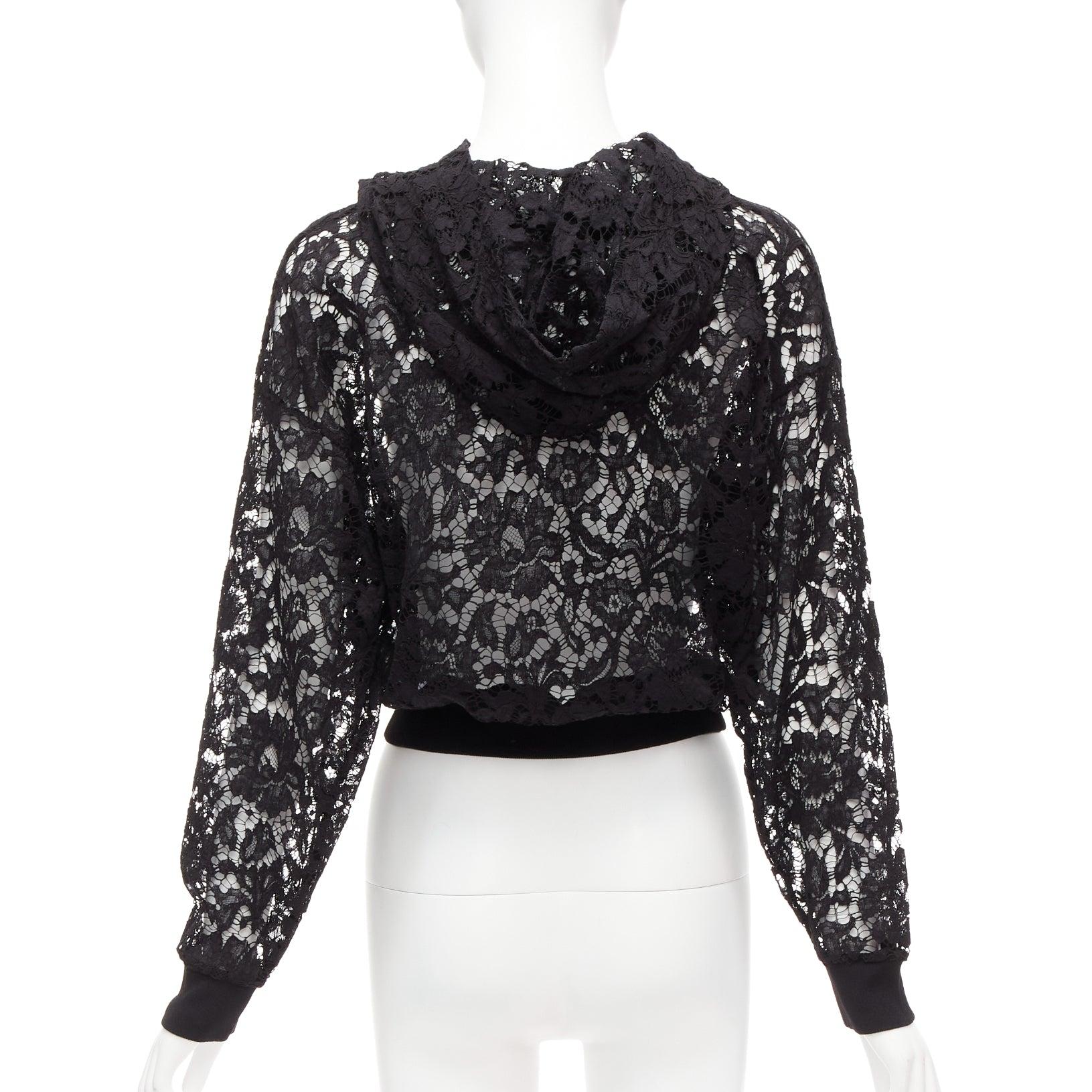 VALENTINO VLTN logo print floral black sheer lace hoodie lace cropped hoodie S For Sale 2