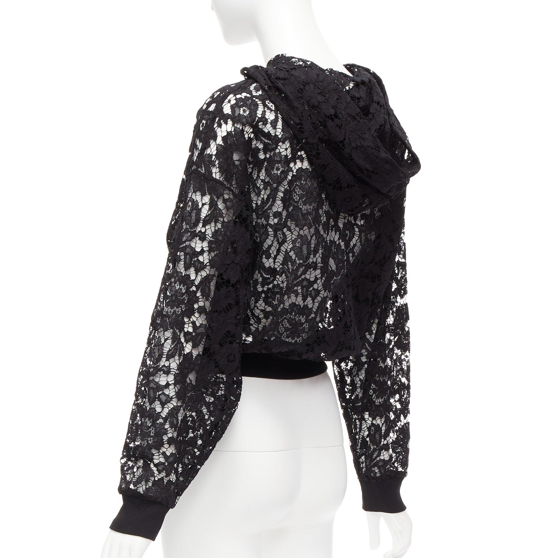 VALENTINO VLTN logo print floral black sheer lace hoodie lace cropped hoodie S For Sale 3