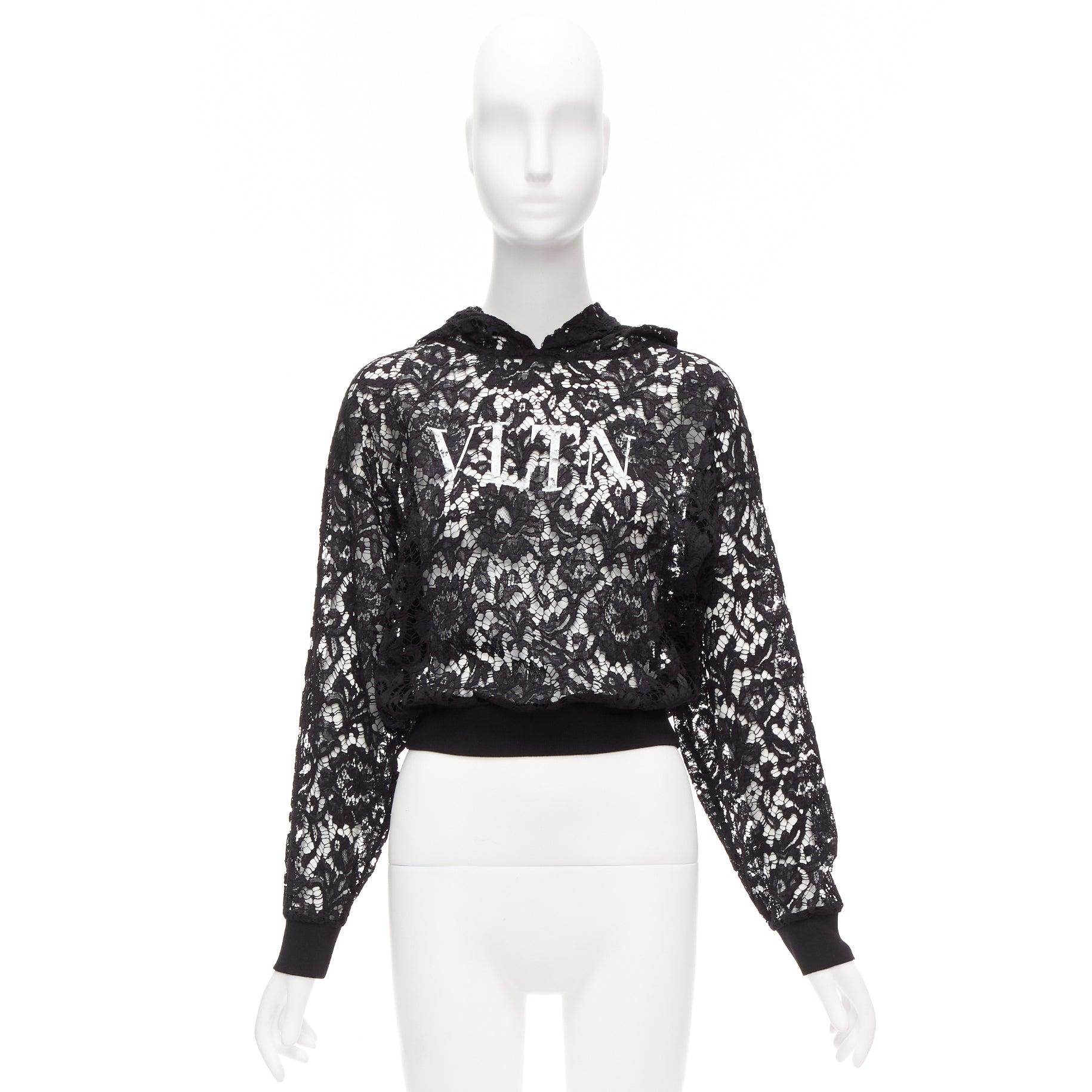 VALENTINO VLTN logo print floral black sheer lace hoodie lace cropped hoodie S For Sale 6