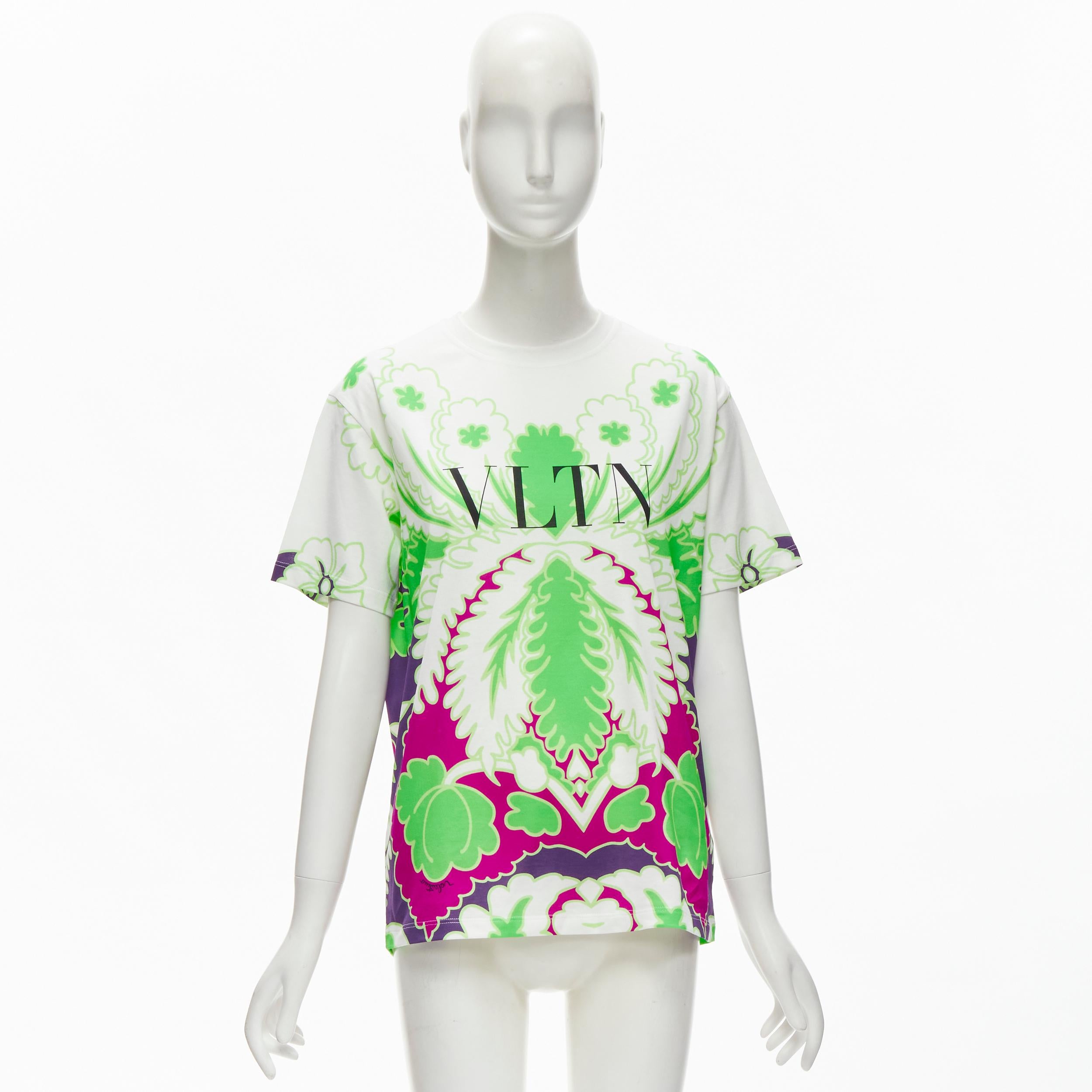 VALENTINO VLTN white neon green purple floral print cotton tshirt XS For Sale 6