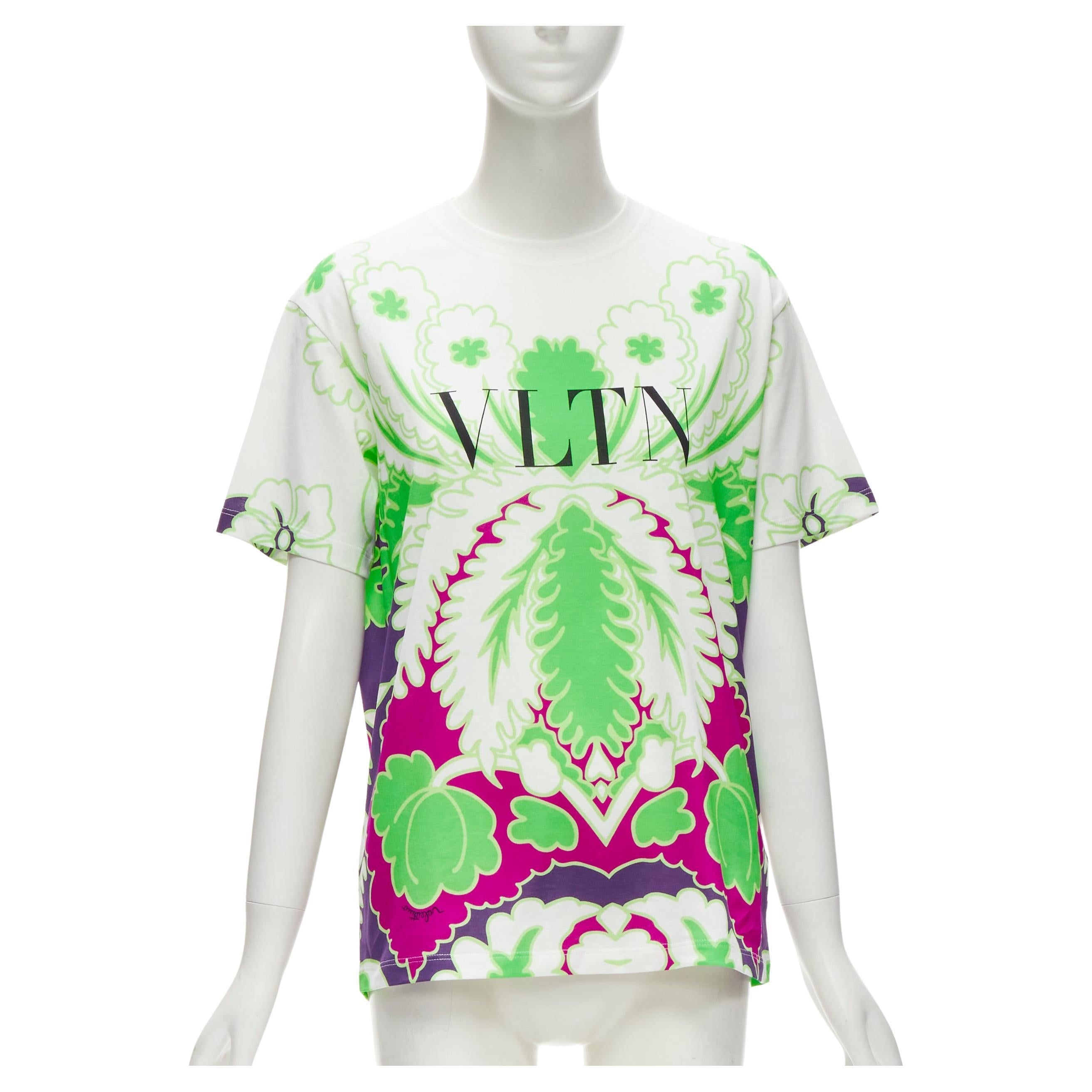 VALENTINO VLTN white neon green purple floral print cotton tshirt XS For Sale