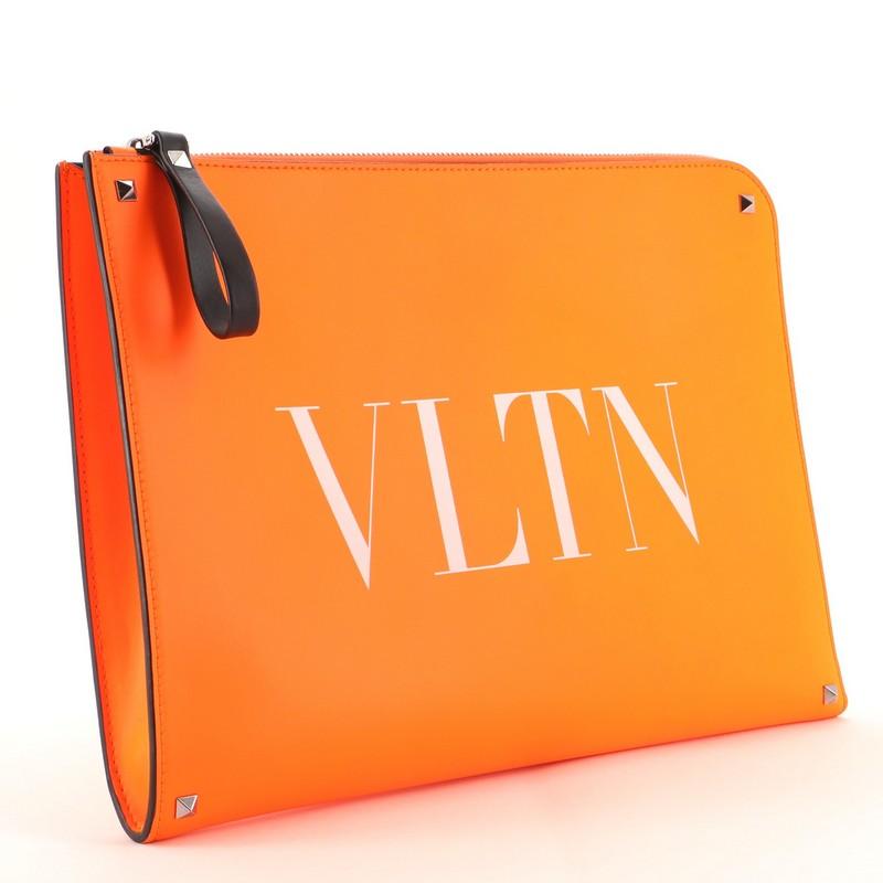 Orange Valentino VTLN Zip Around Pouch Fluorescent Printed Leather Medium
