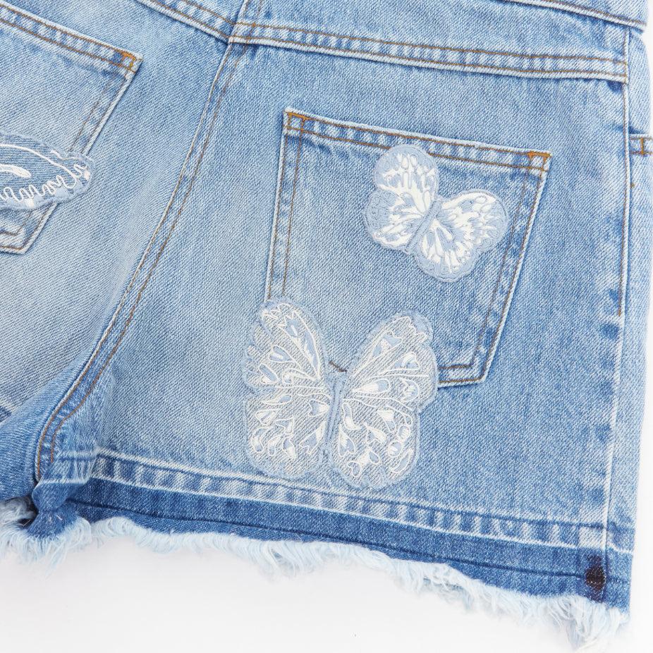 VALENTINO washed denim white butterfly patch suspender dungaree shorts 25