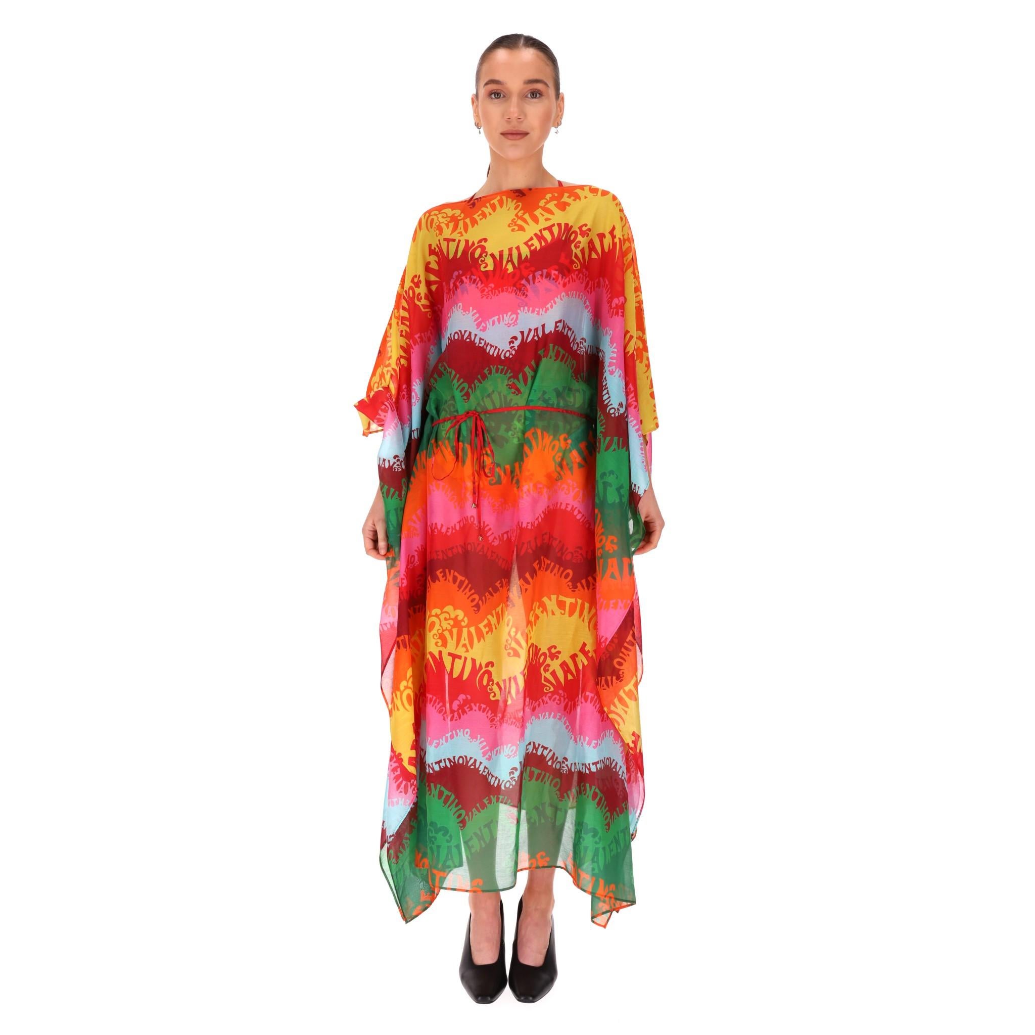 Orange Valentino Waves Logo Printed Swimsuit & Silk Beach Cover-Up Set